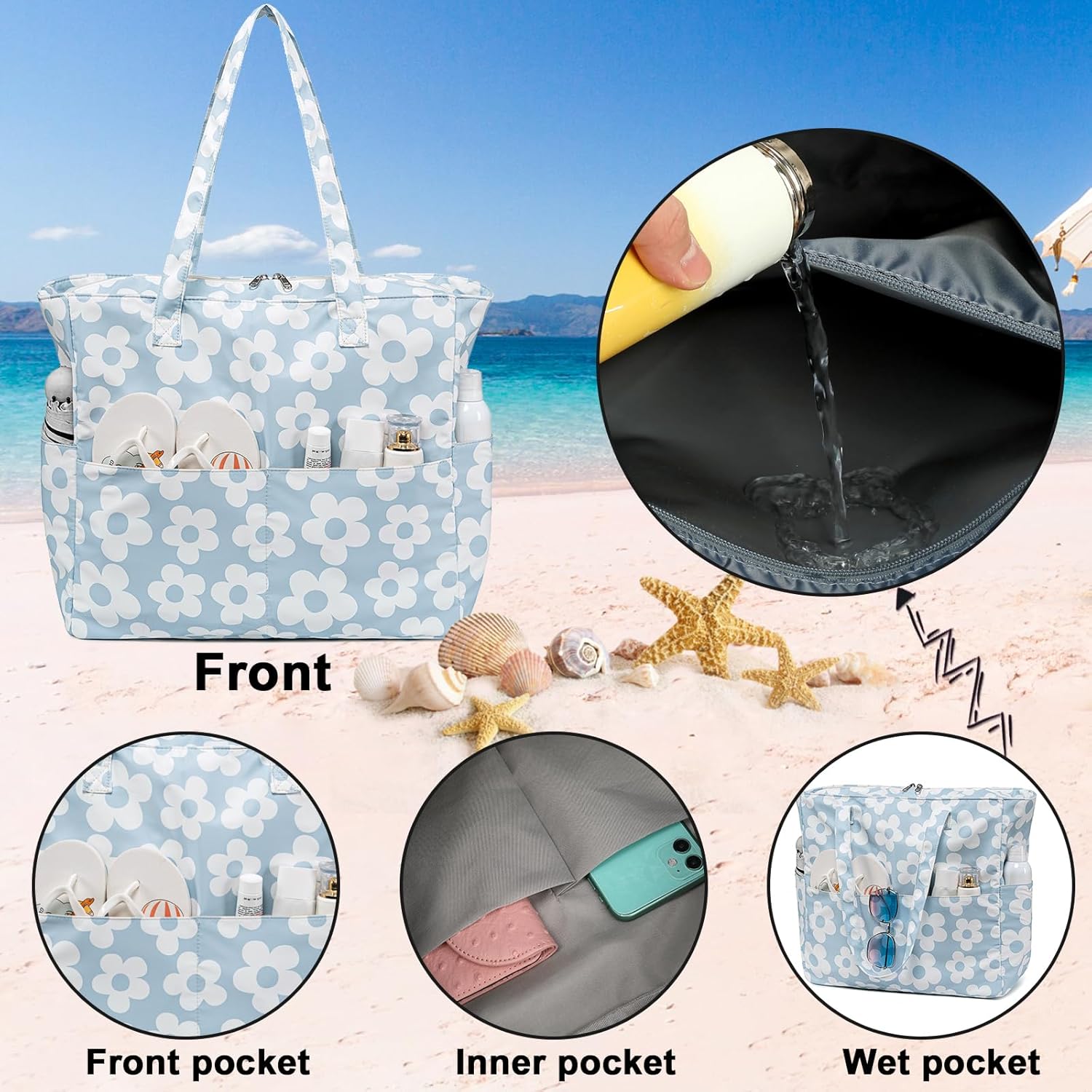 Beach Pool Bags Tote for Women Ladies Large Gym Tote Carry On Bag With Wet Compartment for