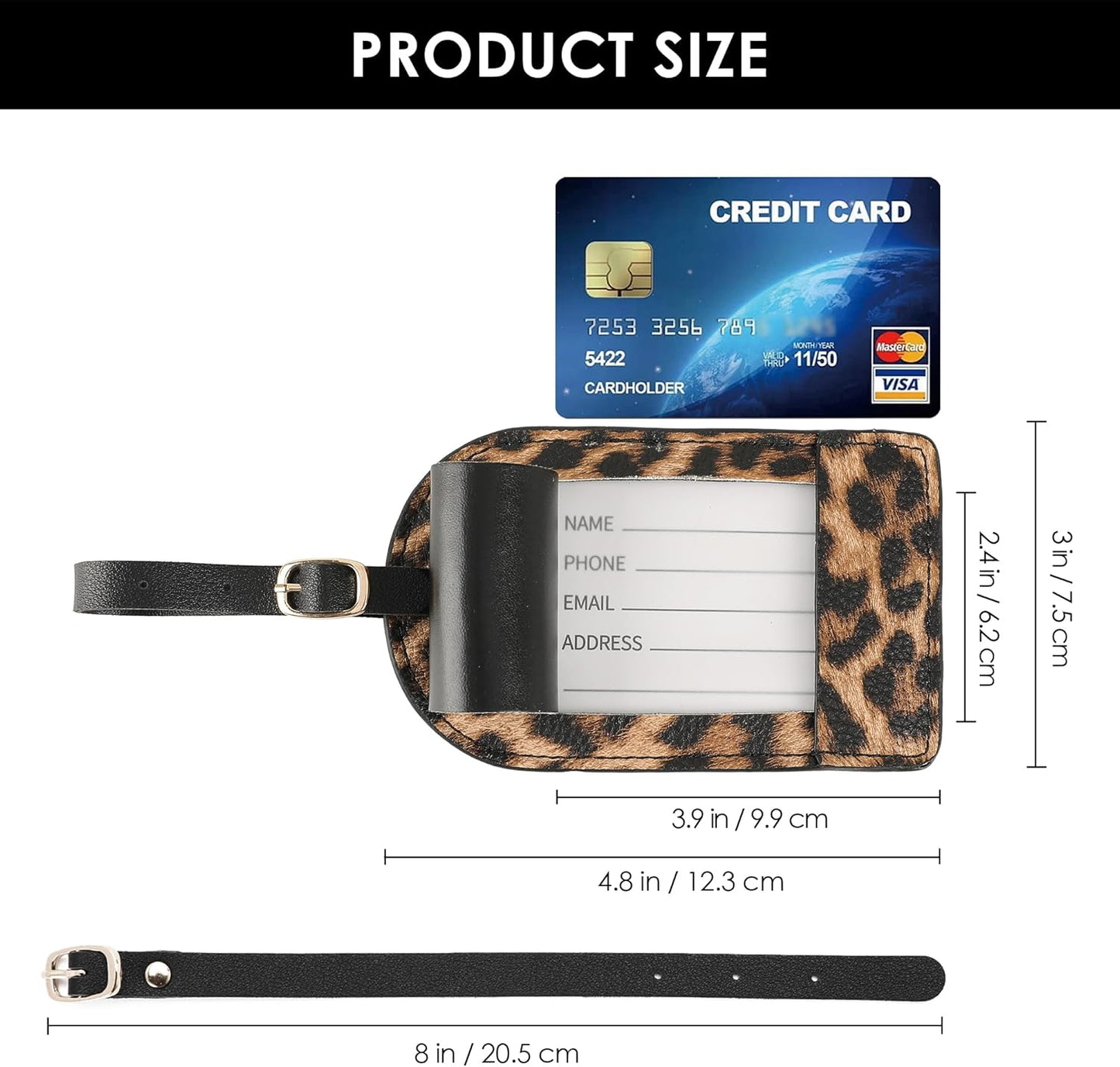 Vegan Leather Luggage Tags for Suitcase Tag Set Privacy Protection with Identifie Name Lable ID Card Baggage tag for Men Women Travel Accessories, 2/4 Pack (LT06-Leopard*4)