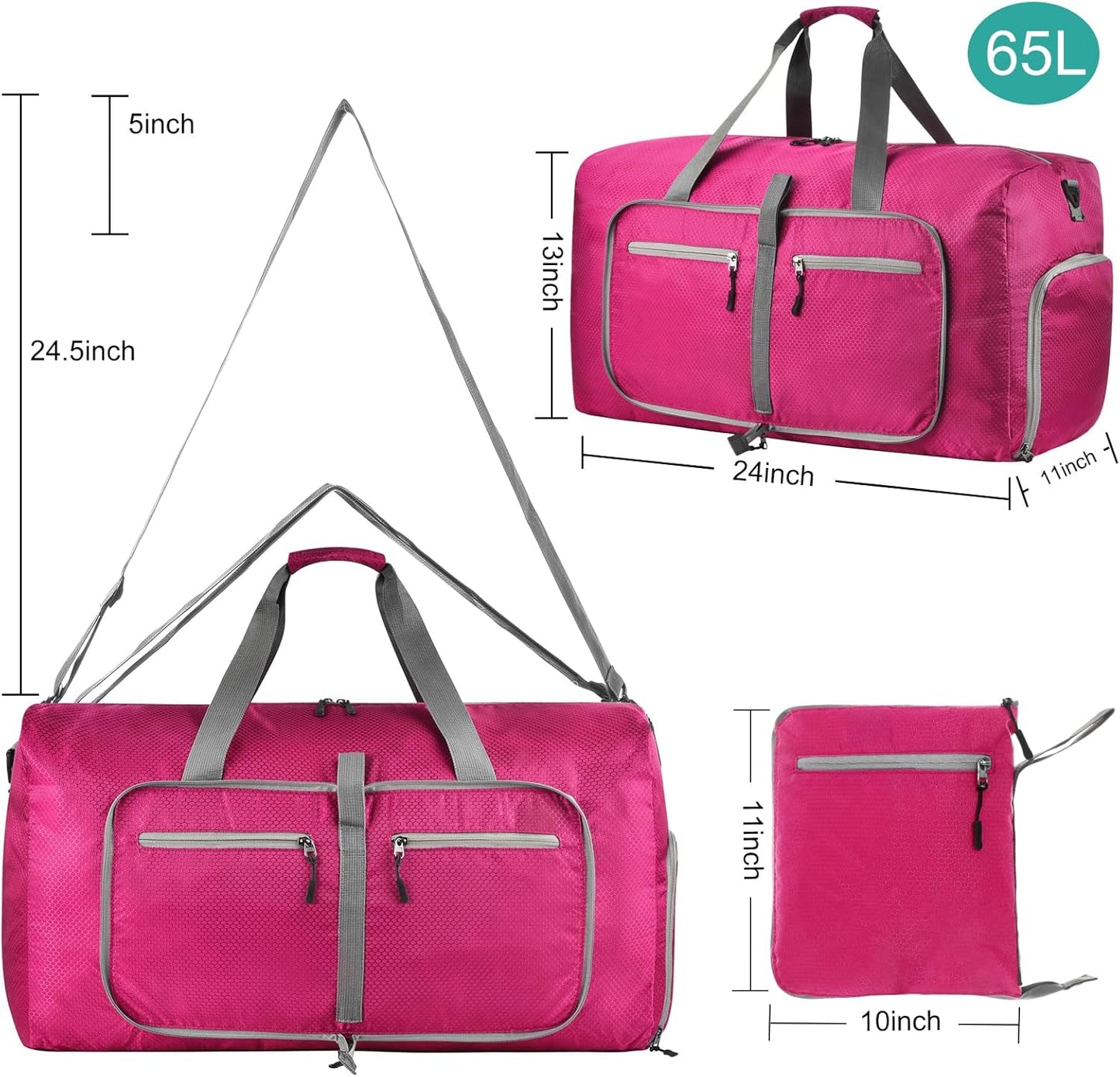 Dimayar Travel Duffle Bag for Men Women - Foldable Duffel Bag with Shoes Compartment - Overnight Bags Waterproof & Tear Resistant(65L,Fuchsine)