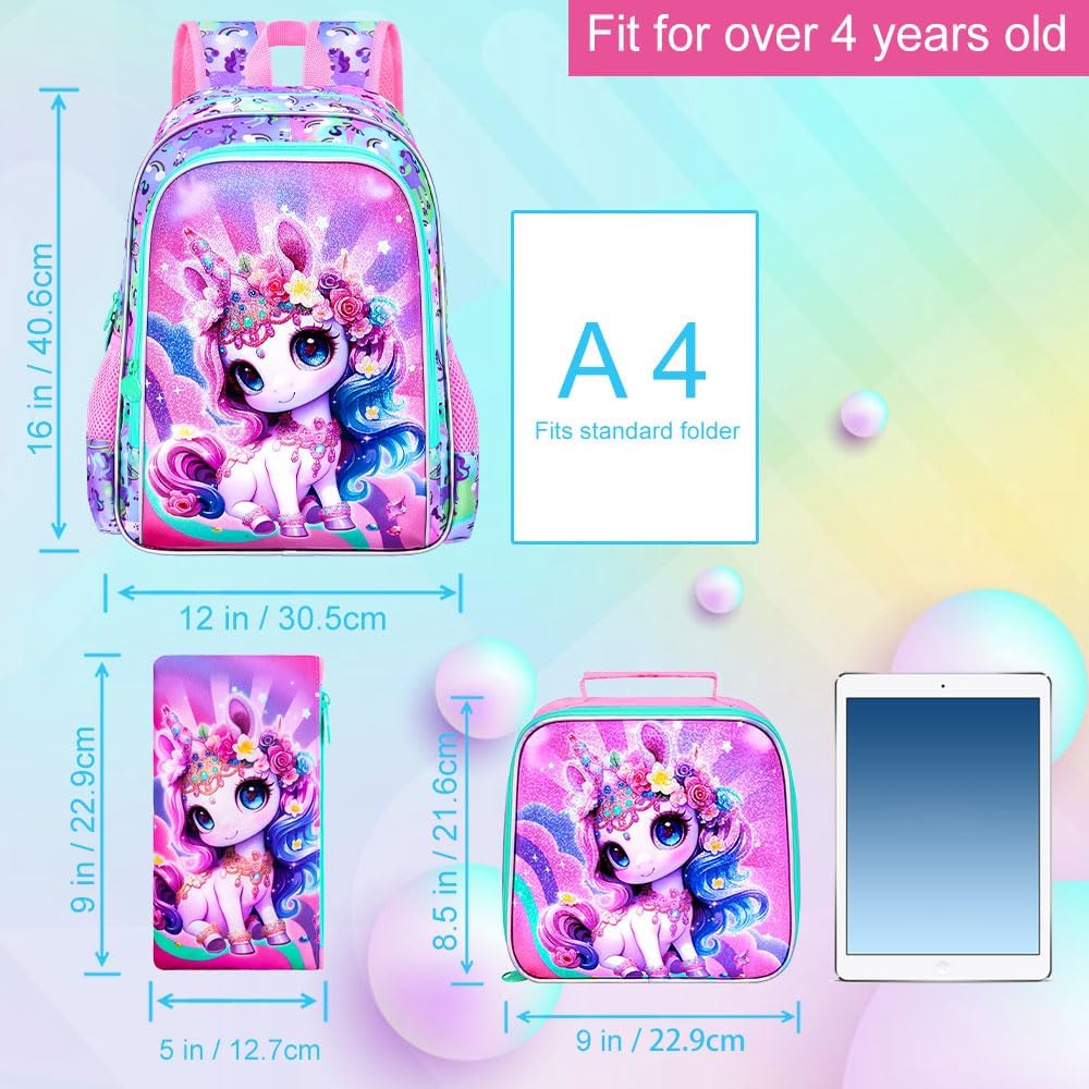 Unicorn Backpack for Girls, 16" Kids Bookbag with Lunch Box，3Pcs School Backpacks for Elementary Preschool Kindergarten (Pink)