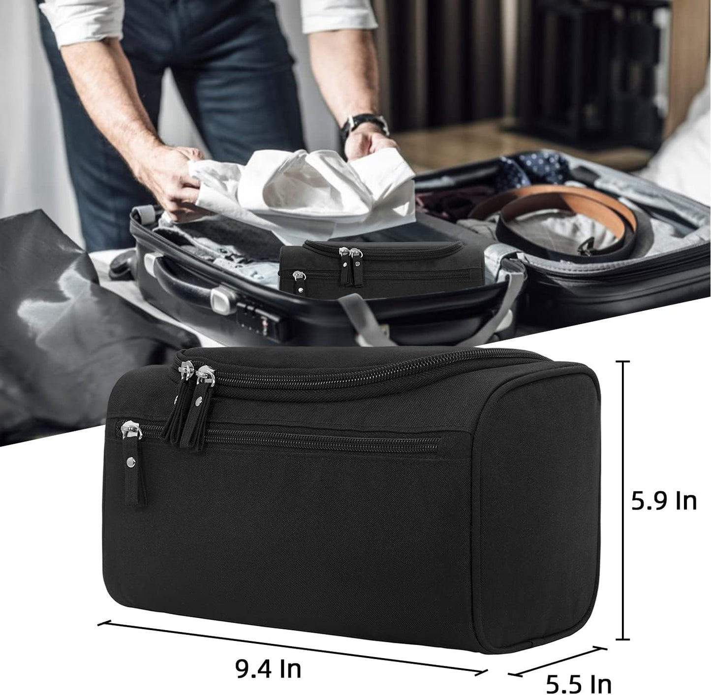 Buruis Travel Toiletry Bag for Men and Women, Hanging Toiletry Organizer Cosmetics Makeup Bag, Water-resistant Dopp Kit Shaving Bag, Small Toiletry Bag for Travel Essentials, Accessories (Black)