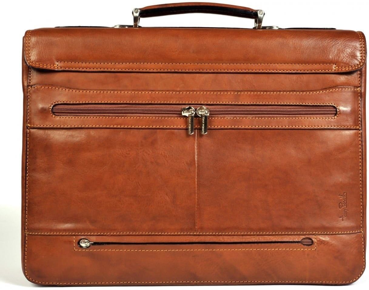 Tony Perotti Mens Italian Cow Leather Bella Russo Double Compartment Leather Laptop Briefcase
