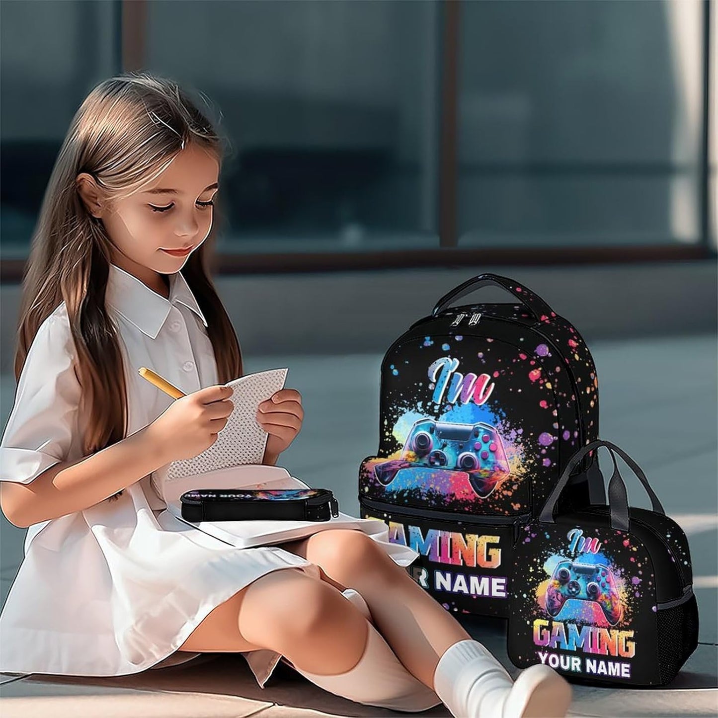 COZYAURA Customized Backpack - Video Gamer Bookbag with Lunch Box for School - Lightweight Black Gaming Backpacks for Boys