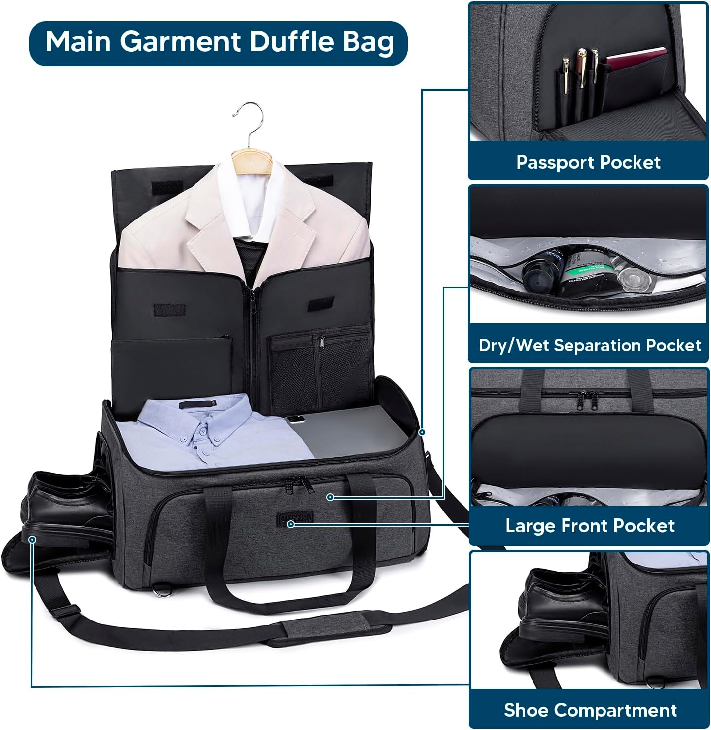 Garment Bags for Travel 58L Garment Bags Duffle Bag for Travel Convertible Carry On Garment Duffle Bag 4 in 1 Foldable Suit Bag with Shoes Compartment for Men Women Weekender，Dark Grey