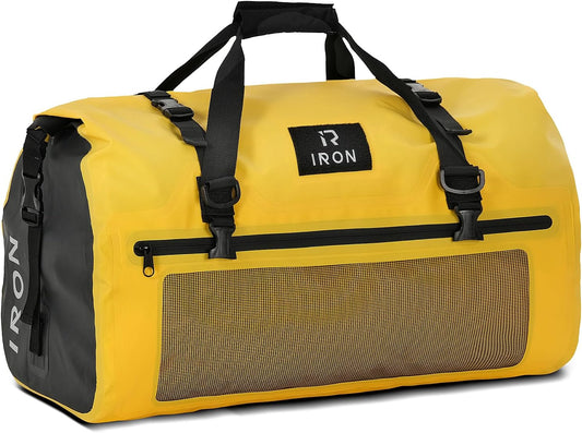 BORLENI Waterproof Motorcycle Dry Duffel Bag Luggage Tail Bag with Large Storage Space,Roll Top Closure, Shoulder Straps, Inner Pocket and Mesh Pocket for Motorcycling Travel Camping(Yellow,50L)