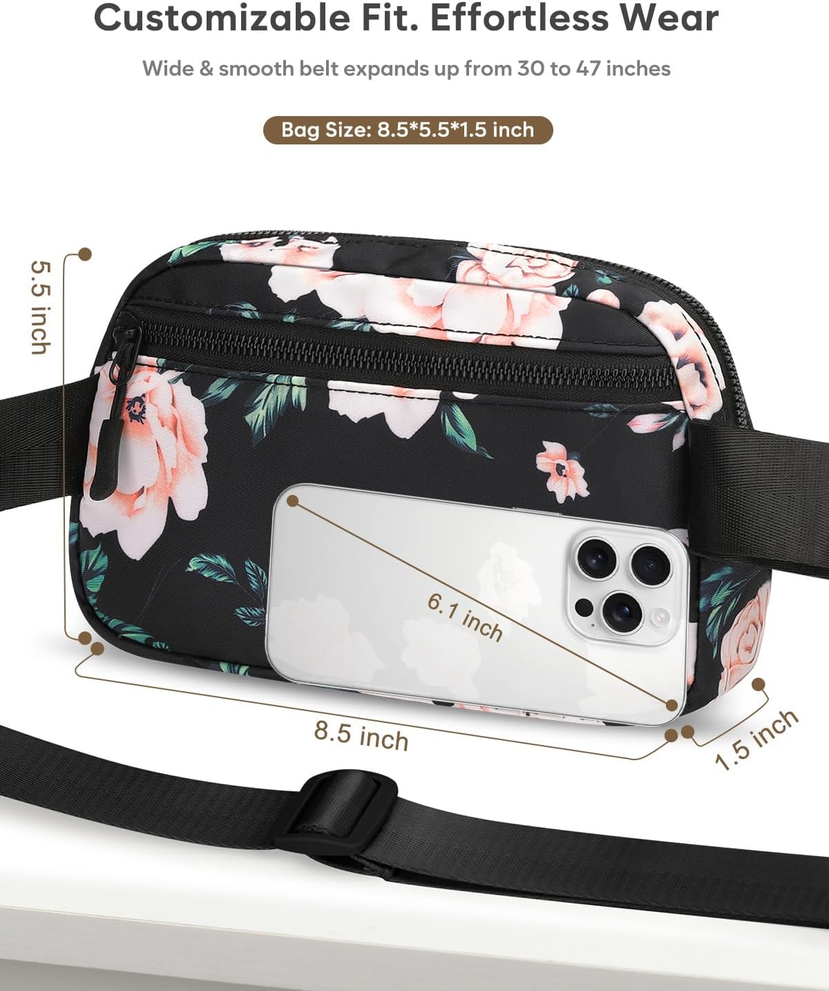 Fanny Packs for Women Cross Body Bag Waterproof Belt Bag with Adjustable Strap and Zipper Back Pocket Small Crossbody Bags Fashion Waist Packs for Workout Travelling(Flower Print)