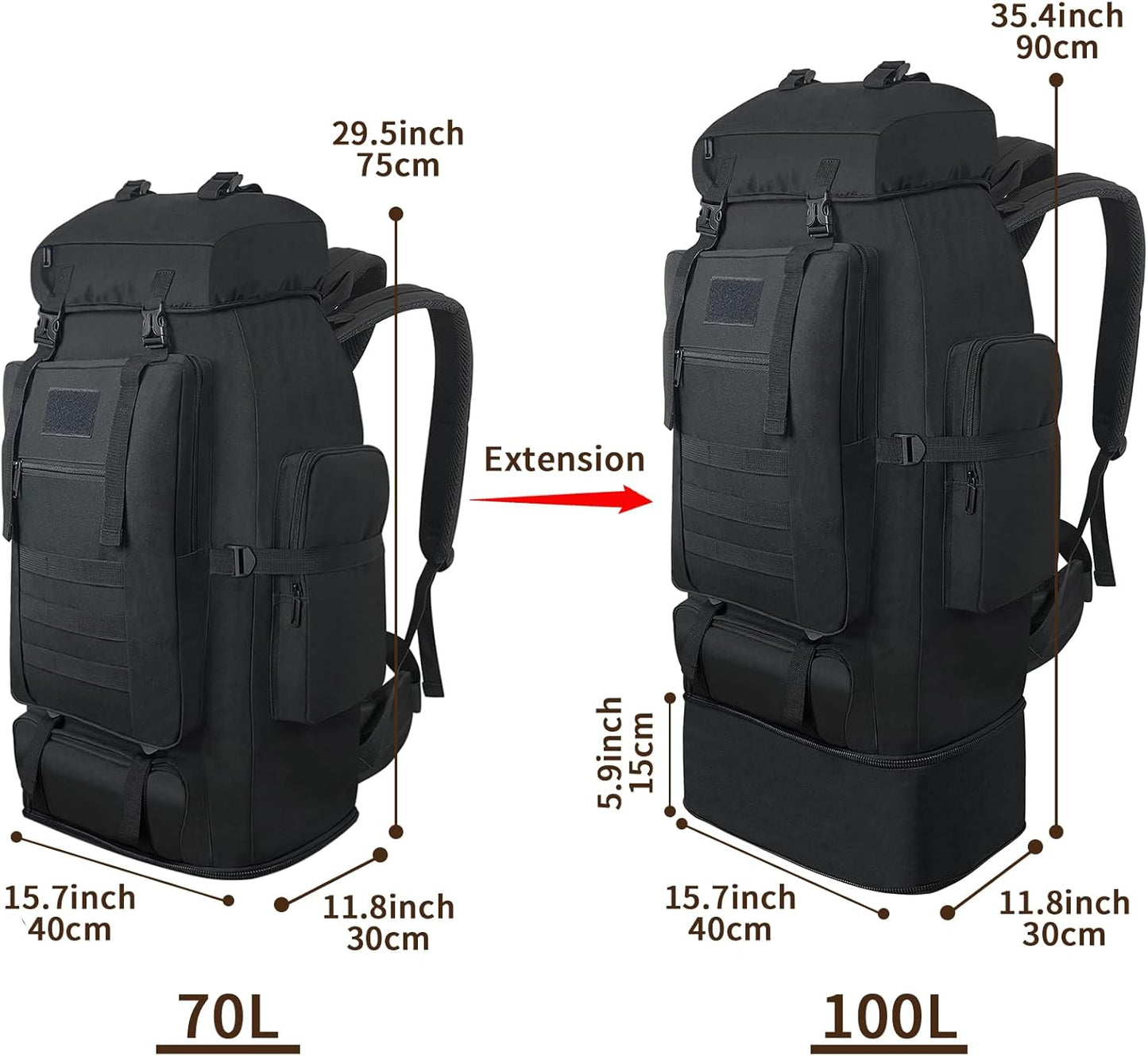 Hiking Backpack, 100L Large Camping Backpack, Expandable Waterproof MOLLE Rucksack, Outdoor Sport Travel Daypack Military Tactical Back pack for Men Women (Black)