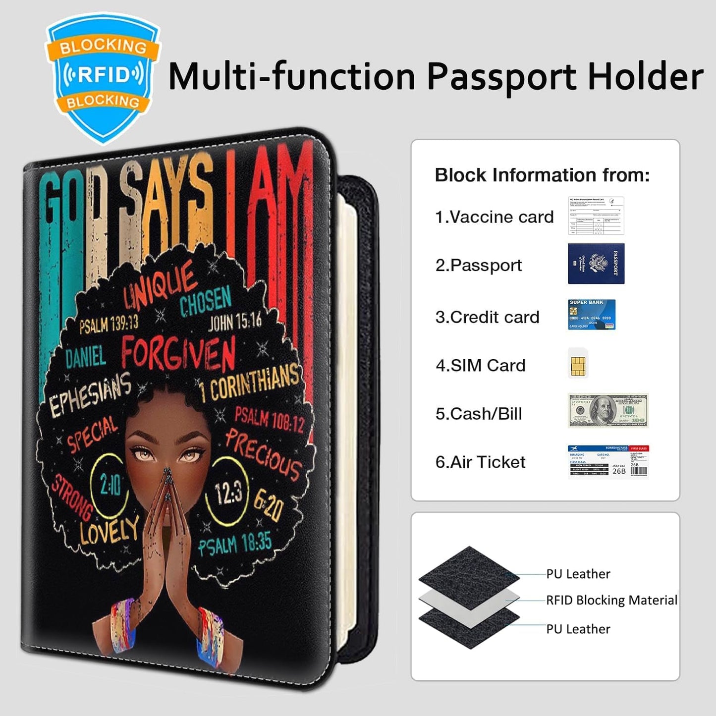 Passport Holder Women Wallet with Luggage Tag, Leather Passport Cover with RFID Blocking, Travel Accessories Multi Card Slot Passport Case for Men，God Says i am an African Girl