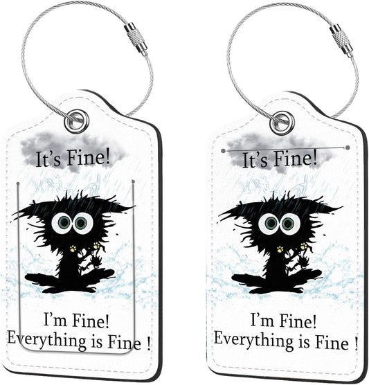 2 Pcs Luggage Tags for Suitcase, Cute Unique PU Leather Travel Bag Tag with Privacy Cover ID Label Address Card and Durable Metal Ring Suitable for Men Women Children Backpack,Cat Struck by Lightning