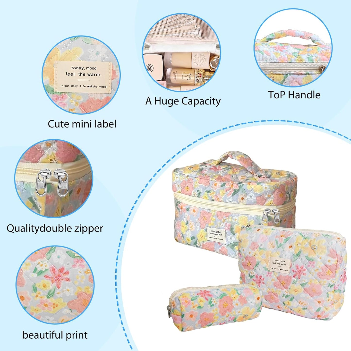 Quilted Makeup Bag, Large Capacity Travel Cosmetic Bag for Women and Girls, Aesthetic Storage for Daily and Travel Use (3pcs-floweroilpainting Print)
