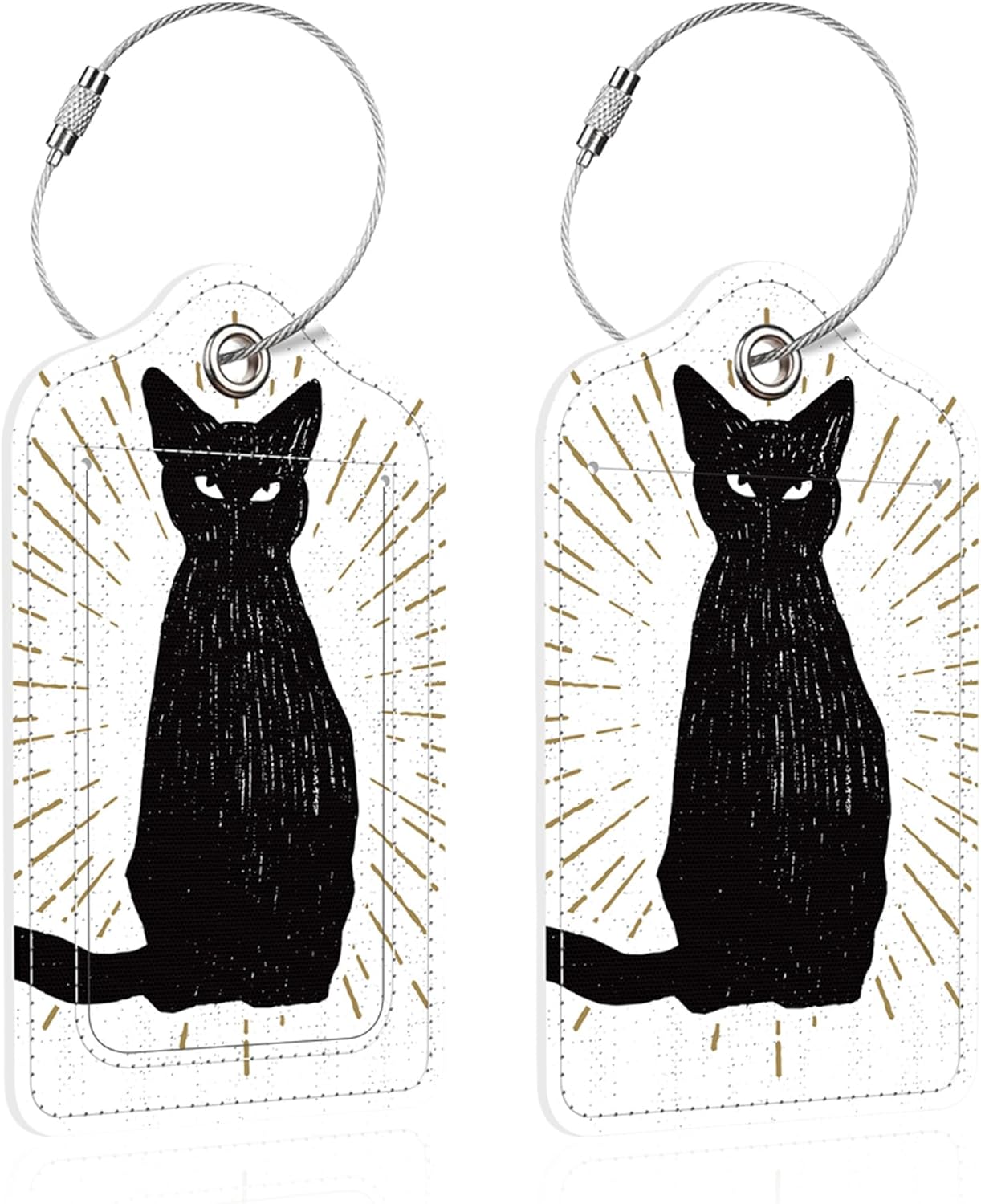 2 Pack Luggage Tag for Suitcase,Black Cat PU Leather Suitcase Tags Identifiers with Privacy Name Address Labels and Steel Loop for Women Men Travel