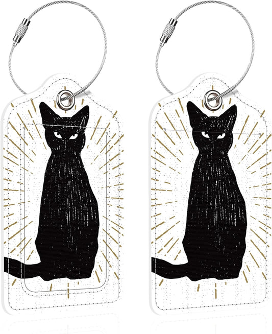 2 Pack Luggage Tag for Suitcase,Black Cat PU Leather Suitcase Tags Identifiers with Privacy Name Address Labels and Steel Loop for Women Men Travel
