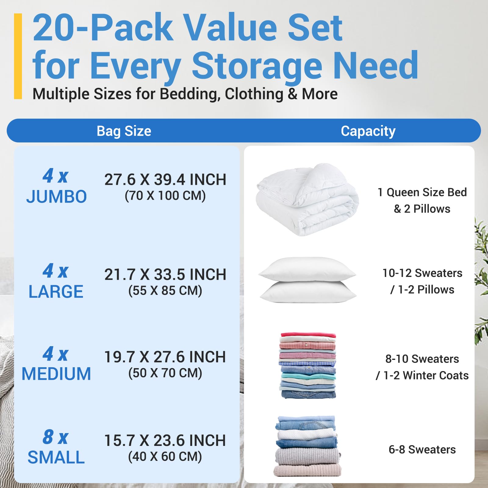 Fygrip 80% Space Saver Vacuum Storage Bags with Hand Pump, 20 Combo