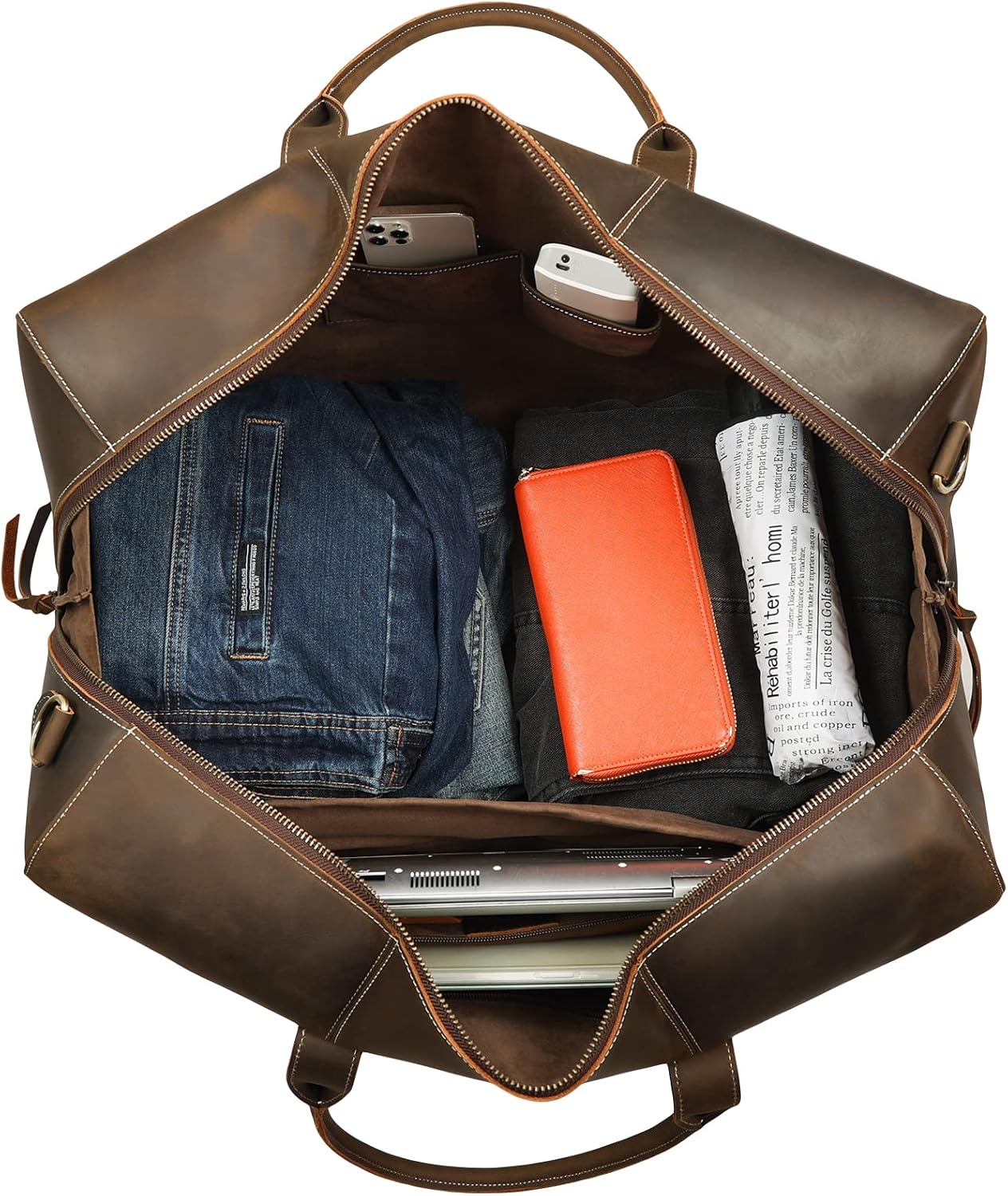Polare Leather Duffle Weekend Travel Bag For Men With Full Grain Cowhide Leather 23.2'' Duffel Bag (Large-Brown(23.2") Updated Version)