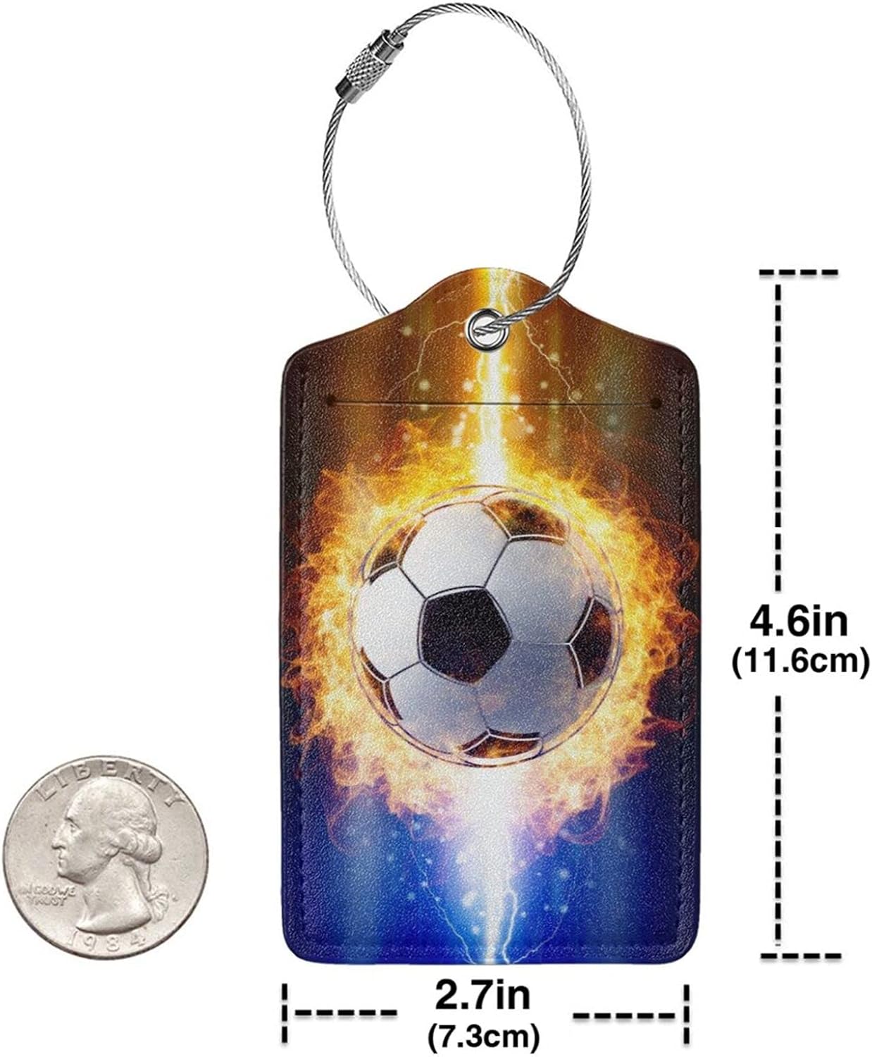Kids Luggage Tags for Suitcases, 2 Piece Travel Suitcase Leather Bag Tags with Fire Soccer Ball Pattern for Sports Boys Men Women Teen Girls Travel, Identify ID Labels with Privacy Cover