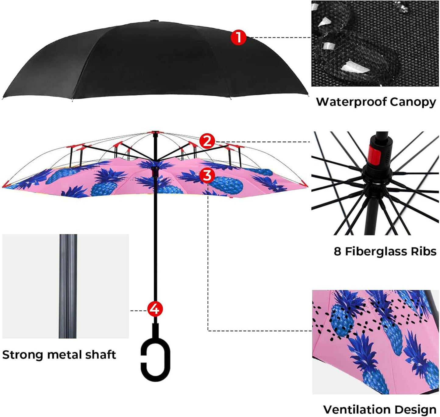 Inverted Umbrella, 49 Inch Double-Layer Vented Reverse Umbrella, Windproof Waterproof UV Protection, Lightweight C-Handle, Fiberglass Ribs, Steel Shaft, Travel/Commute/Car Use, With Sleeve