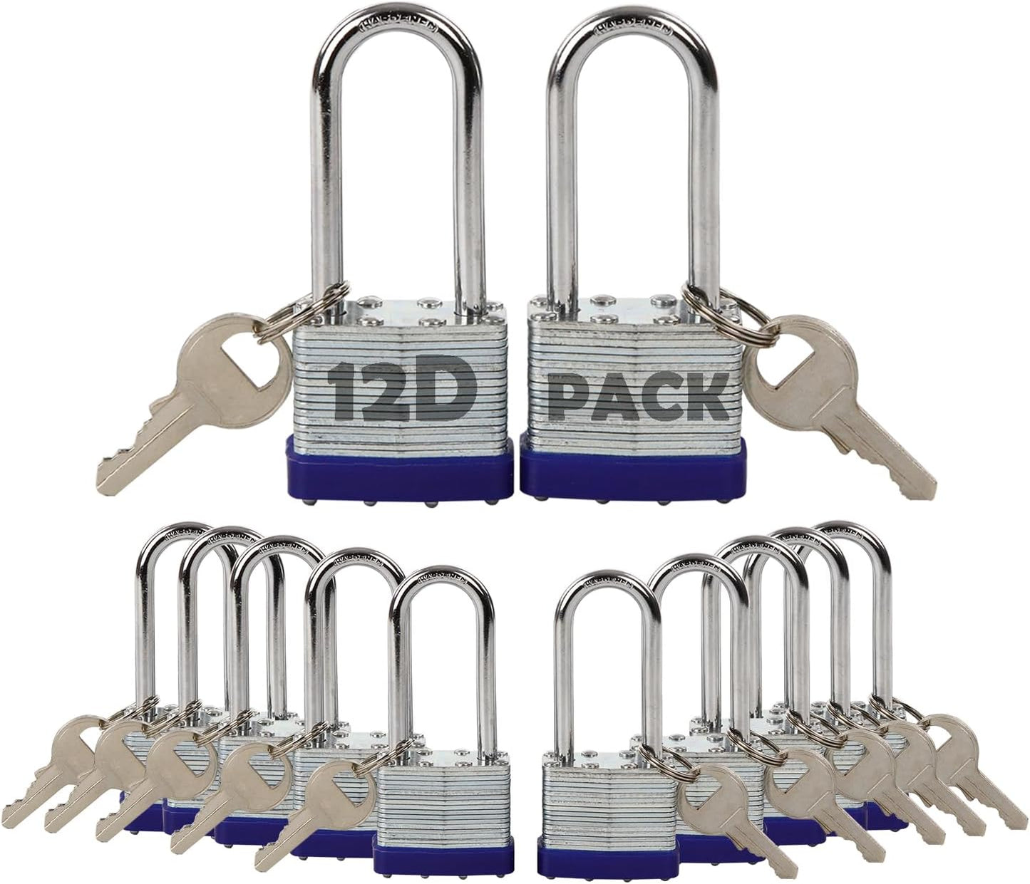 SEPOX® 12Pcs Set Laminated-Padlocks with Key Different, Extra Long-Shackle, 1-9/16" 40MM Heavy-Duty Steel Lock Body Each Lock with 2 Big Key for Outdoor & Indoor Lockers-Locks, Fence, Gate, Tool-Box