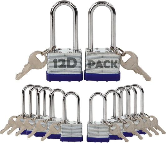 SEPOX® 12Pcs Set Laminated-Padlocks with Key Different, Extra Long-Shackle, 1-9/16" 40MM Heavy-Duty Steel Lock Body Each Lock with 2 Big Key for Outdoor & Indoor Lockers-Locks, Fence, Gate, Tool-Box