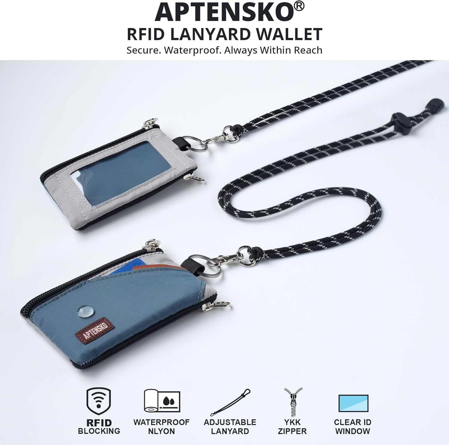 RFID Travel Wallet with Adjustable Lanyard-Zipper Small Wallet with ID Card Holder, Keychain for women&men-Minimalist Slim Waterproof Nylon case for ID, Cash, Key (SlateBlue+Grey)