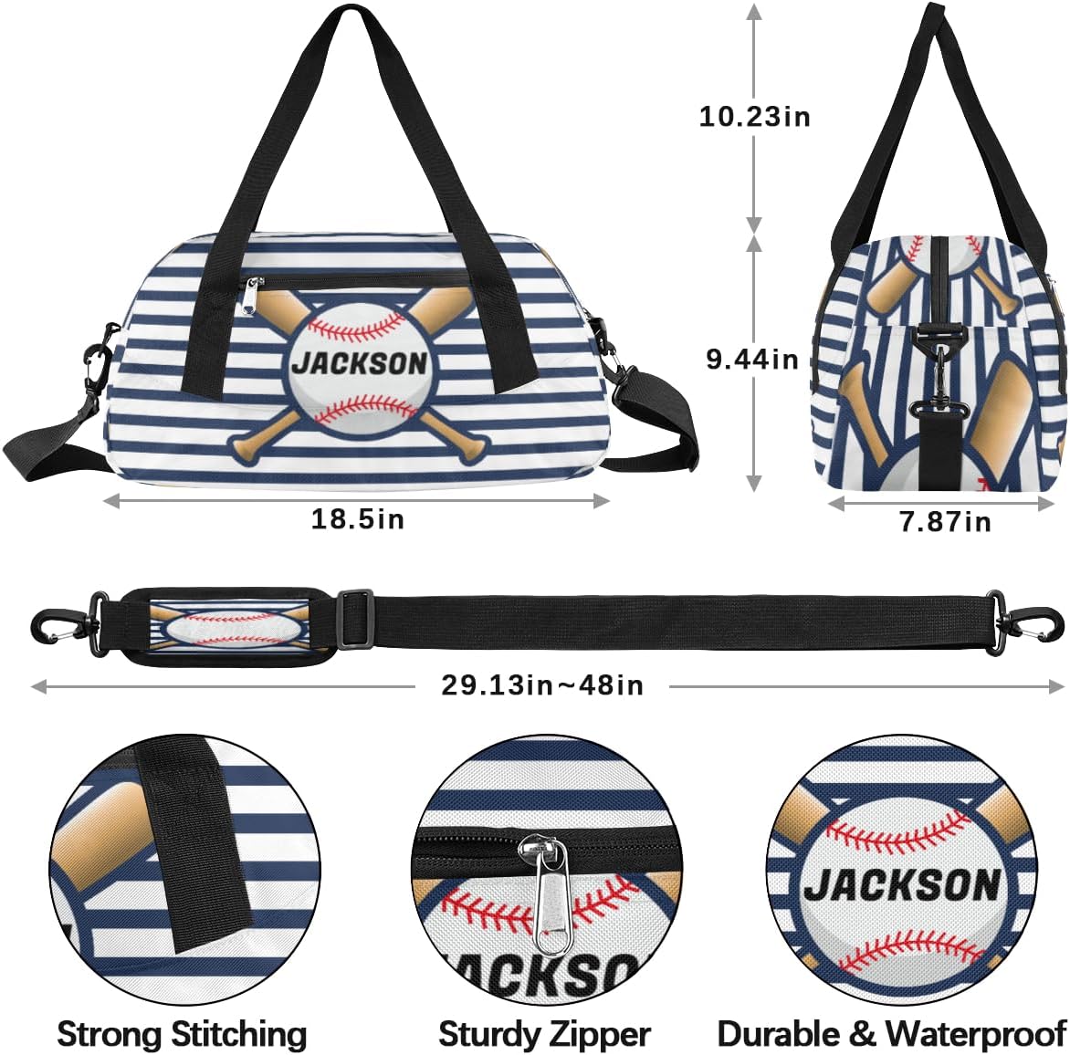 Sport Baseball Custom Name Kids Overnight Duffel Bags Boys Blue Stripe Personalized Sport Gym Bag Customized Duffel Bag for Travel Weekender Practice Gymnastics