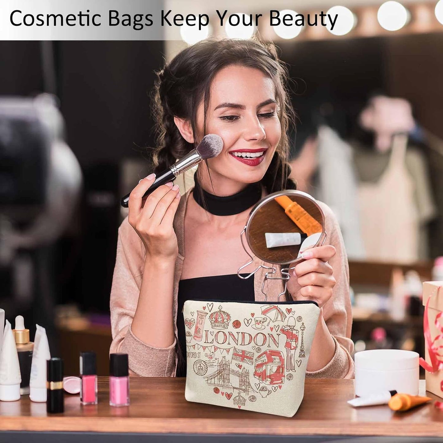 Women Makeup Organizer Bag London, Heart Shape I Love London Quote Flax Cosmetic Bag Makeup Bags Toiletry Bag Accessories Organizer Travel Bags For Home Bathroom Office Hotel Gym