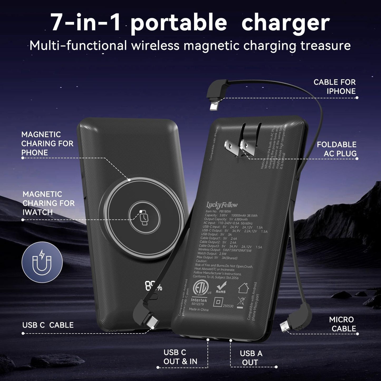 Magnetic 10000mAh Portable Charger for iWatch & iPhone, 22.5W USB C Fast Charging Wireless Power Bank Built-in Cables and Wall Plug, External Travel Battery Pack Compatible with iOS Android Devices