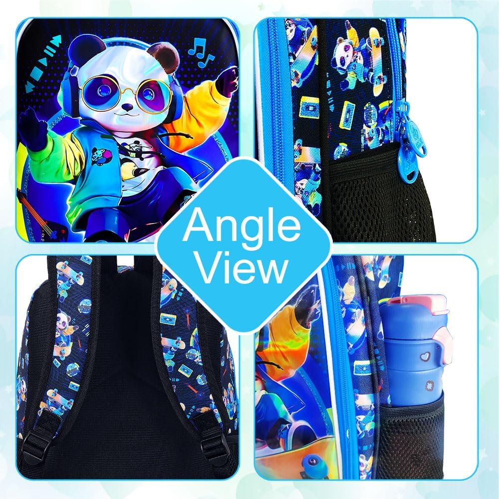 gxtvo 3PCS Panda Backpack for Boys, 16" Kids Bookbag with Lunch Box, Water Resistant Elementary Preschool Toddler School Bag