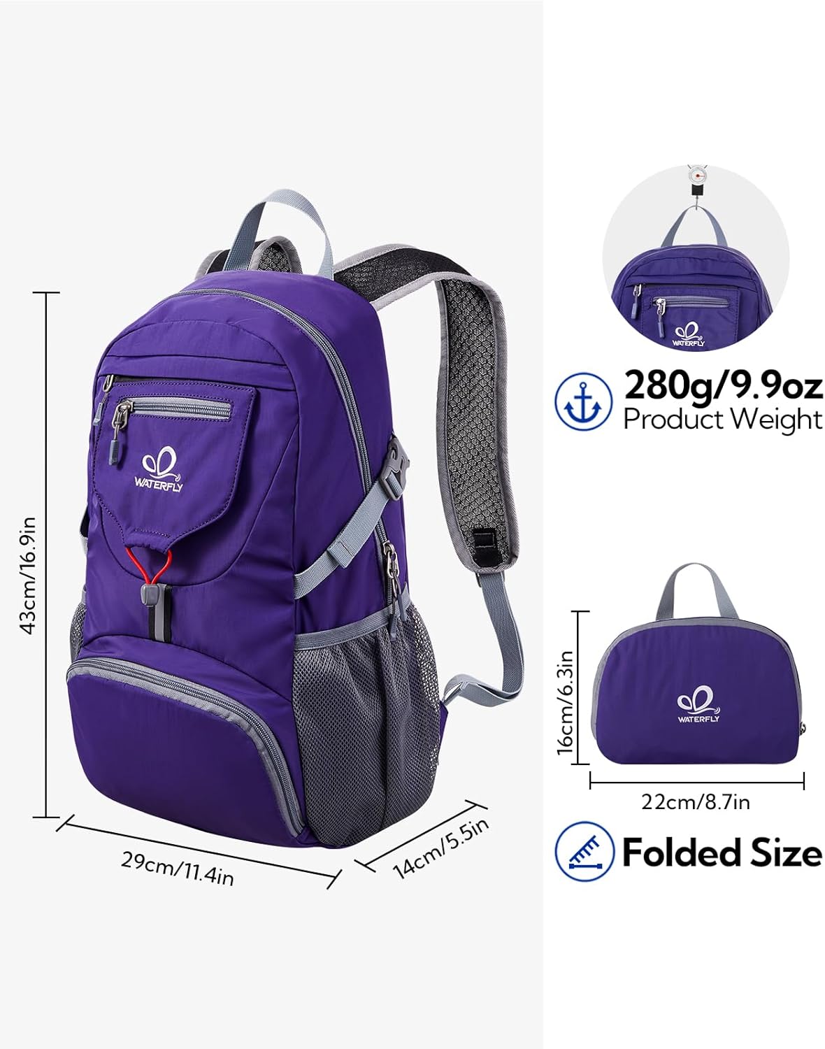 WATERFLY Small Lightweight Packable Backpack: 20l Ultra Light Foldable Travel Hiking Camping