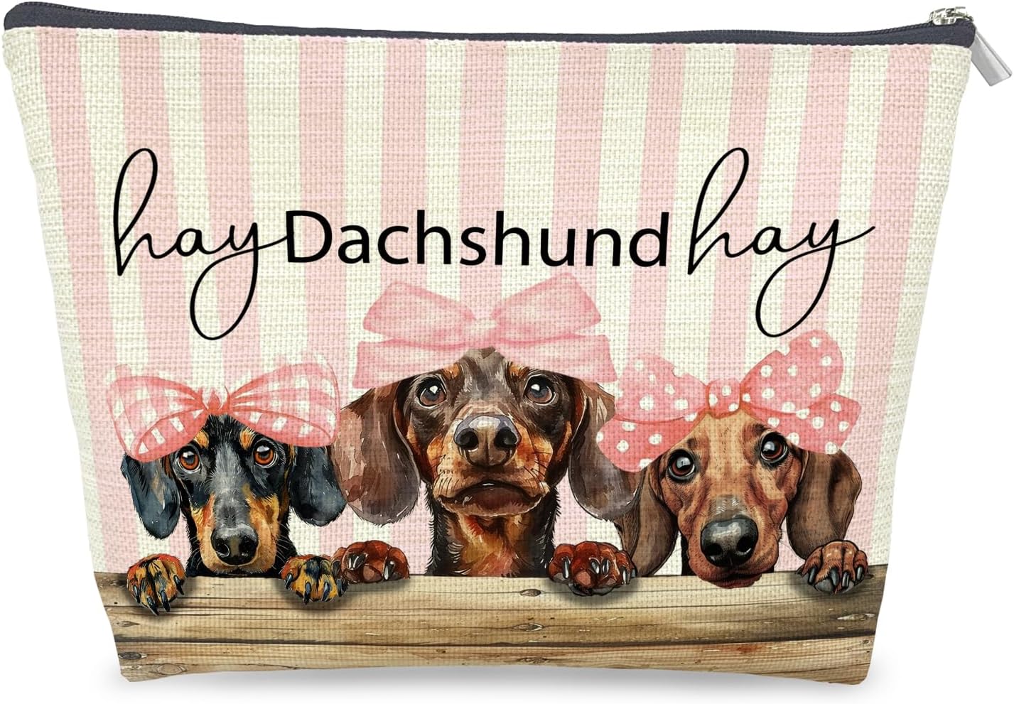 Coquette Dachshund Makeup Bag Gifts for Women, Preppy Pink Bow Dachshund Cosmetic Bag, Girly Sausage Weiner Dog Striped Zipper Makeup Pouch Travel Toiletry Bag