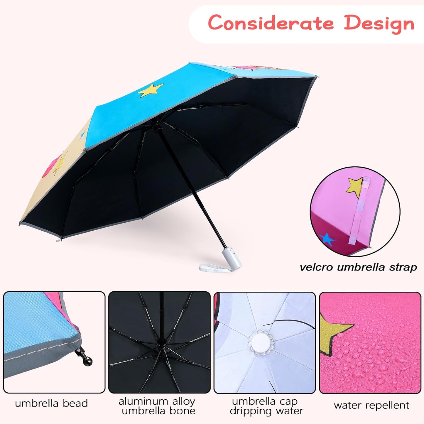 Kids Folding Umbrella Auto Open/Close Anti-rebound Safe Design UV Resistant Automatic Children Travel Umbrellas 8 Rib Reinforced Canopy 360° Reflective Strip Lightweight Cute Umbrella for Girls & Boys