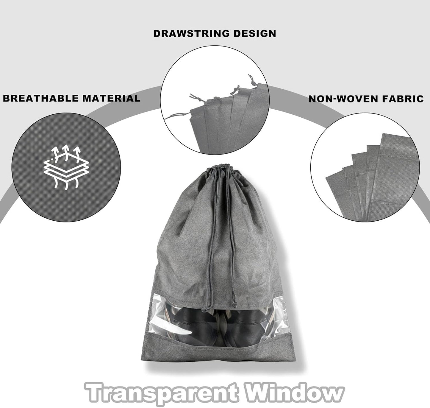 20 Pack Shoe Bags for Travel, 17" x 12.6" Drawstring Shoe Organizers with Clear Window, Breathable Non-Woven Dustproof Pouches for Luggage & Closet (Gray)