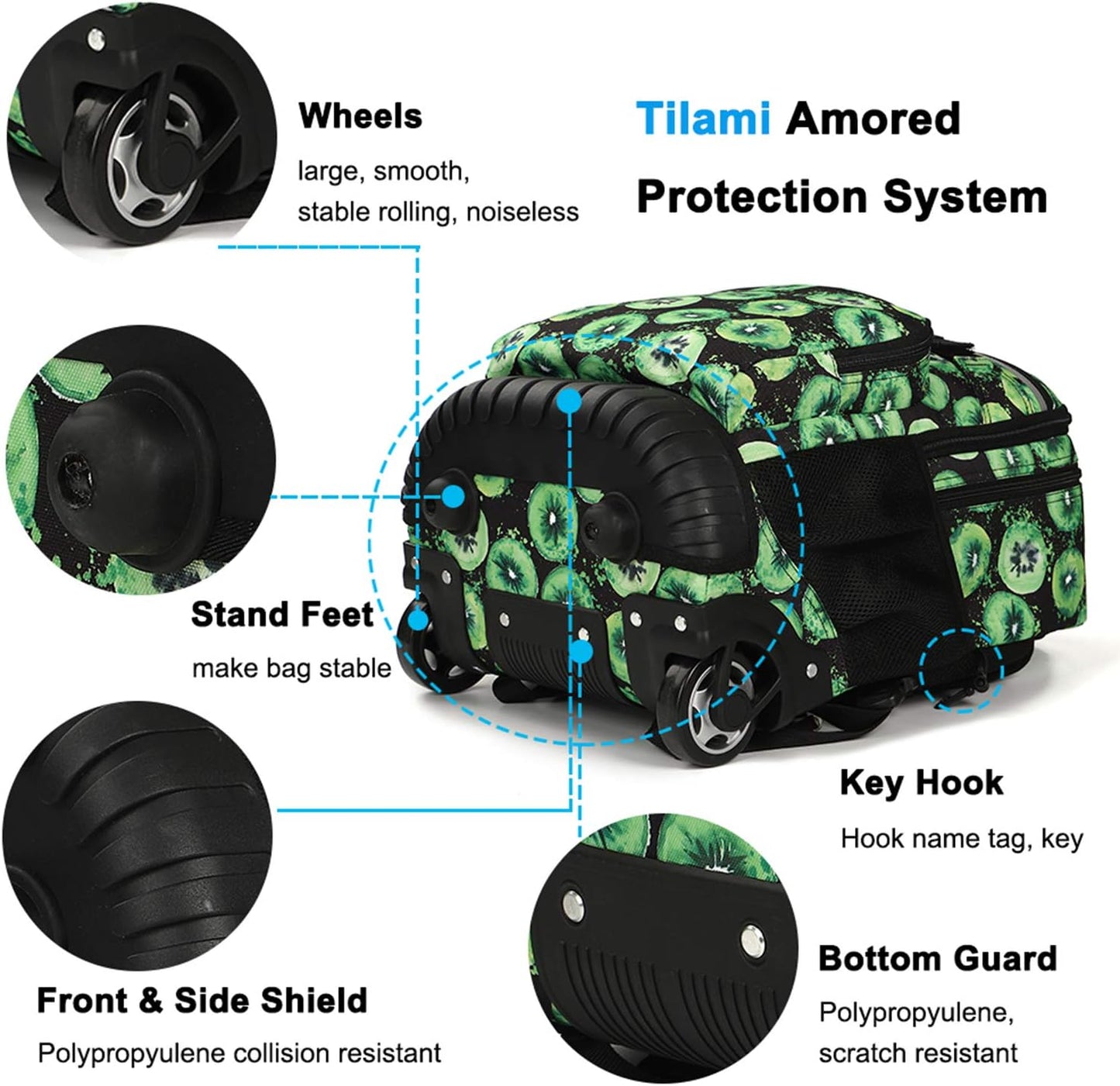 Tilami Rolling Backpack 18 inch Wheeled Backpack School College Student Travel Trip Boys and Girls