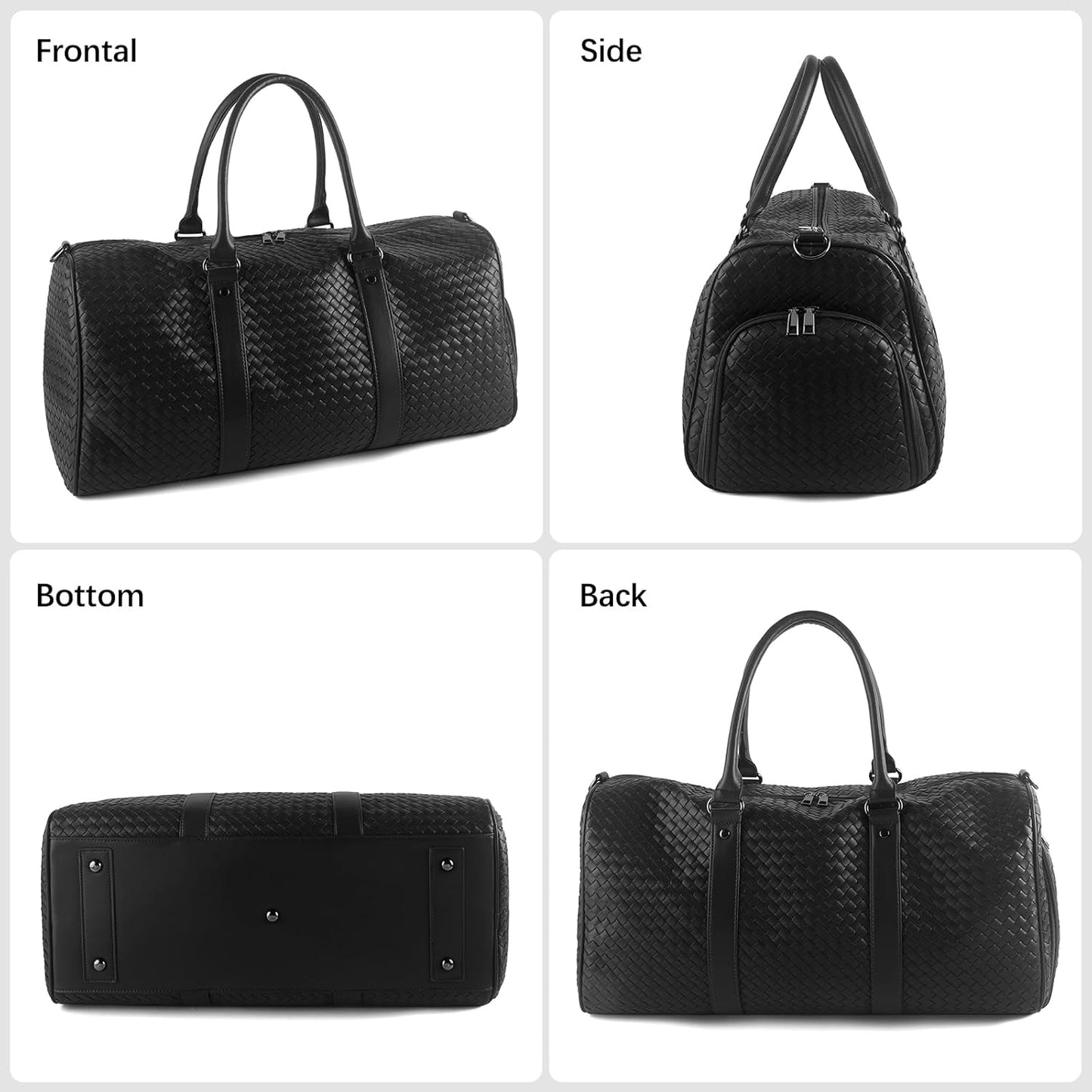 Weekender Bags for Women Woven Leather Travel Duffel Bag with Shoe Compartment, Carry On Garment Bag for Men Women, Large Capacity Water-resistant Gym Tote (Black)