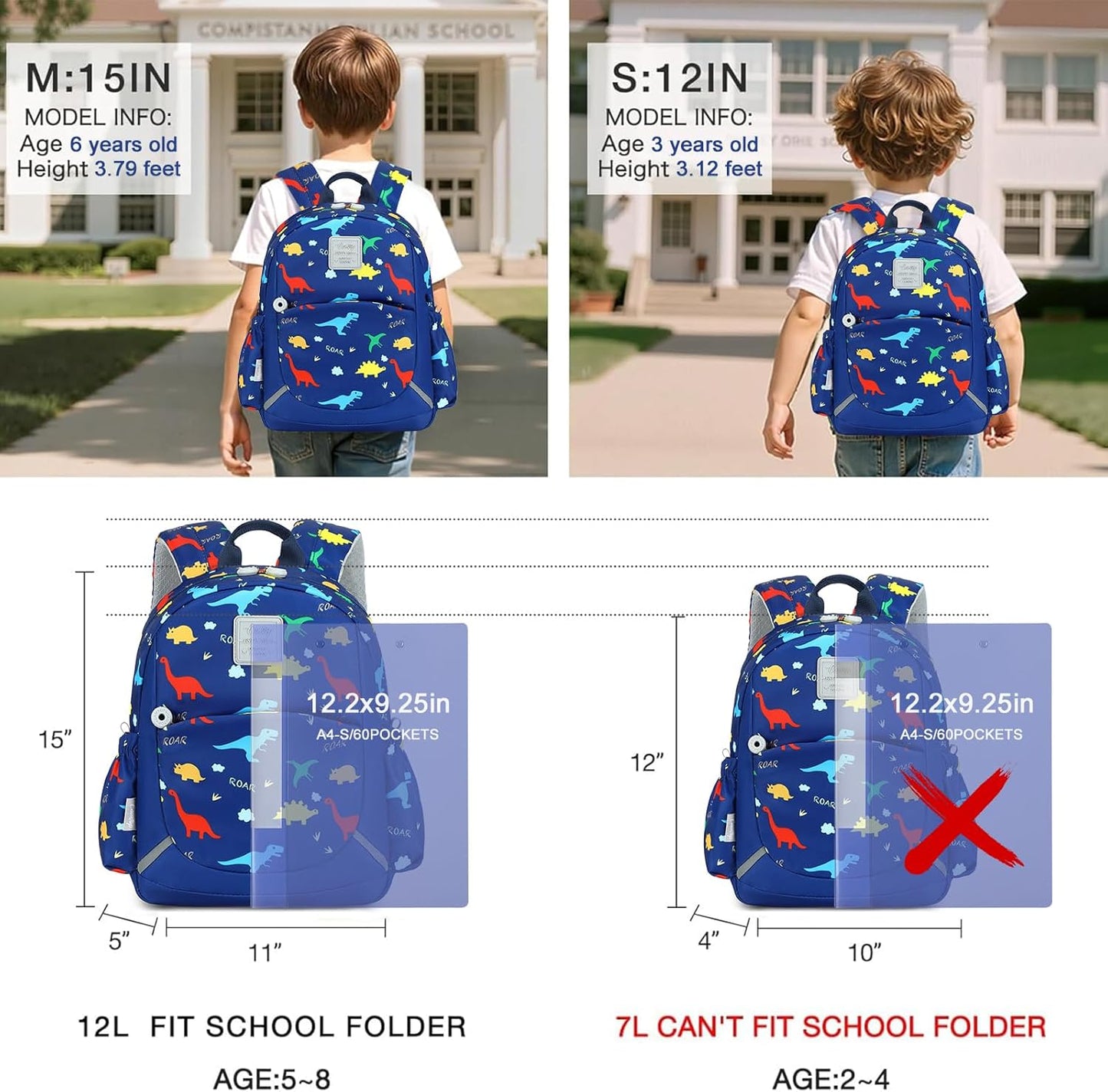 CAMTOP Toddler Backpack for Boys Girls 2-4, Kids Backpacks for Kindergarten Preschool, 12" H Small Bookbag for Daycare Travel (Dinosaur Blue)