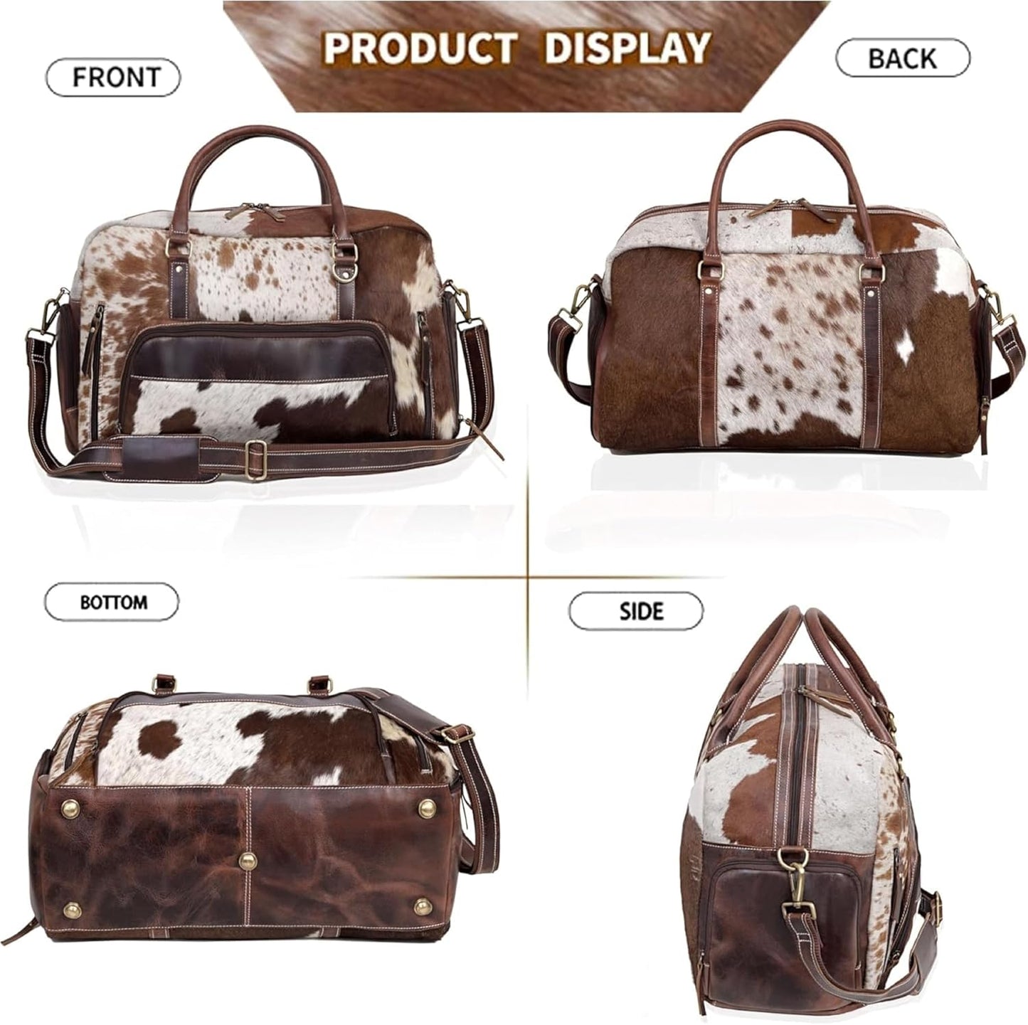 Leather Duffel Bag for Men & Women, Genuine Weekender Travel Bag, Handmade Overnight Gym Bag with Shoulder Strap, Carry-On for Business & Outdoor Travel (Yukon Hair Duffel, Brown & White, 22 Inch)