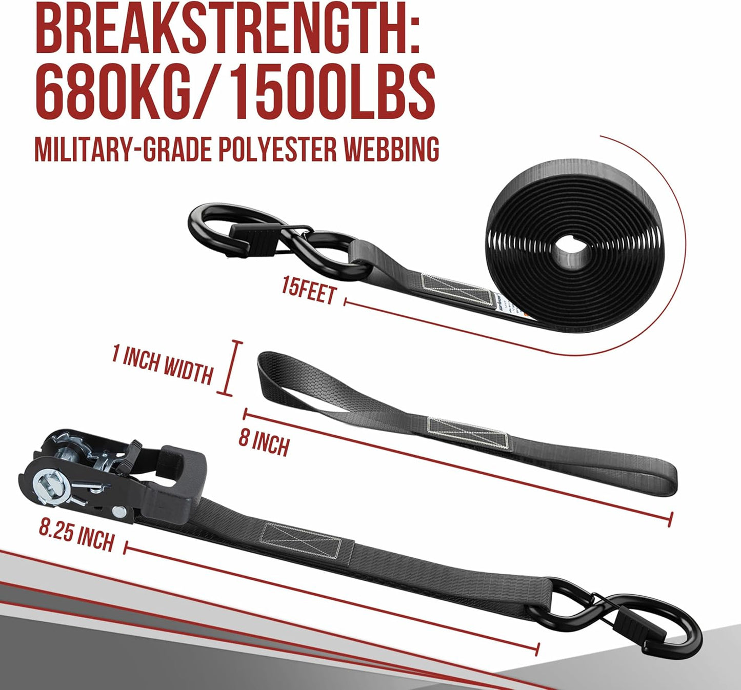 4-Pack 1" x 15ft Ratchet Straps with S Hooks, 1500 lbs Break Strength, Heavy Duty Tie Down Straps for Truck, Motorcycle, Cargo, 4PK Loops, Black