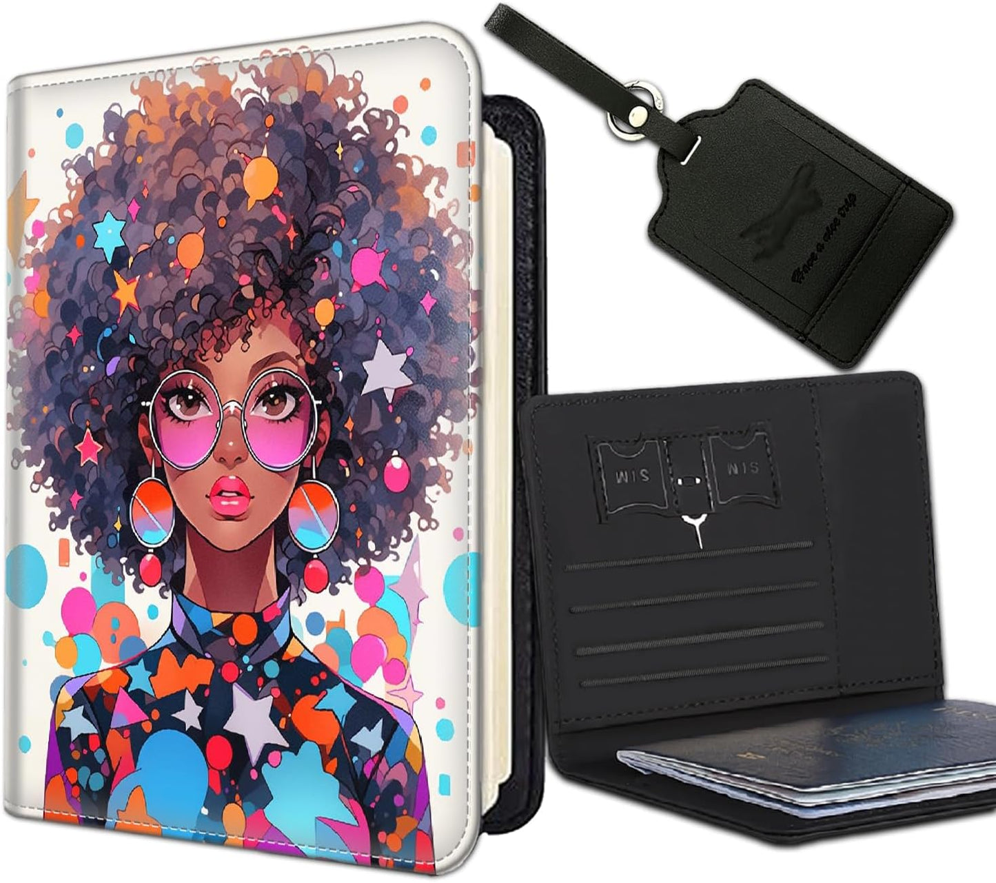 Passport Holder Women Wallet with Luggage Tag, Leather Passport Cover with RFID Blocking, Travel Accessories Multi Card Slot Passport Case for Men，Afro African Girl Color