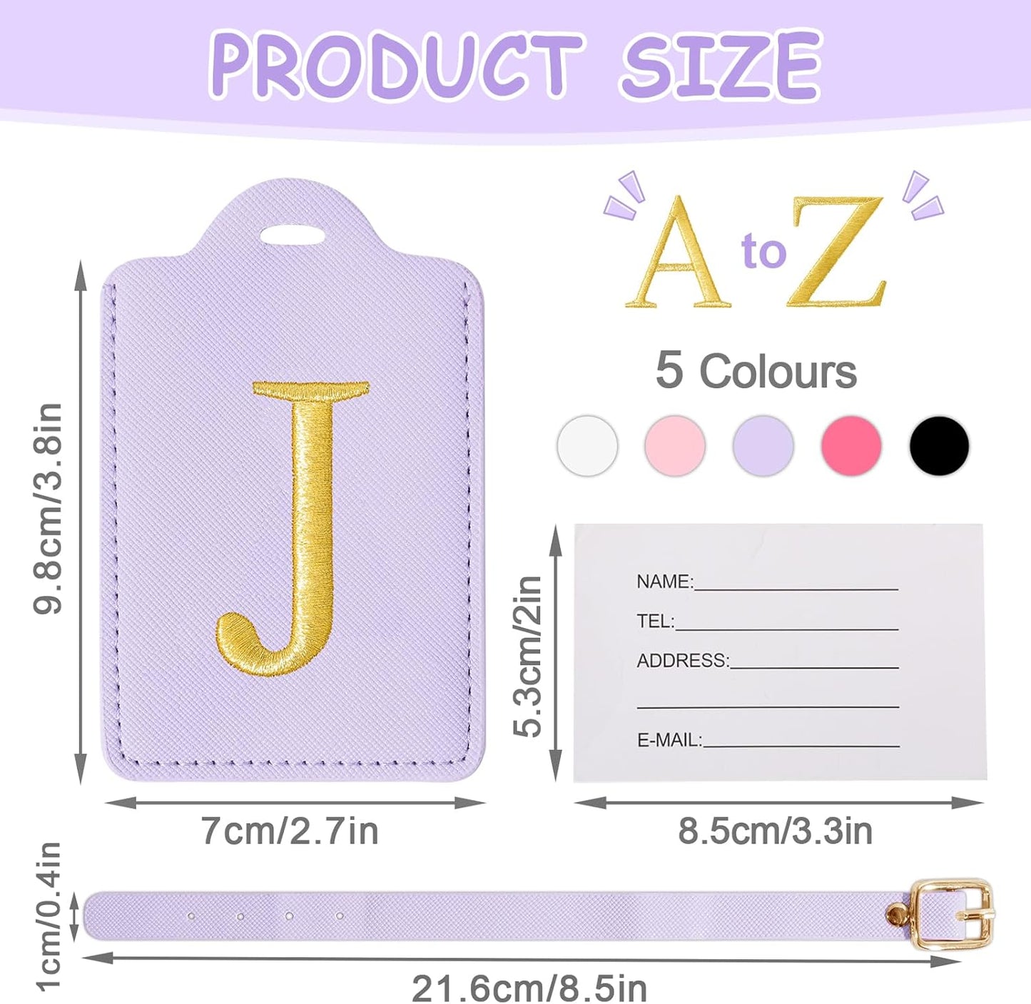Personalized Initial Luggage Tags for Suitcases, Cute PU Leather Embroidered Letter Travel Luggage Tags, Suitcase Identifier Name Baggage Tag, Bag Tags for Men Women Kids Luggage Handbags(Purple J)