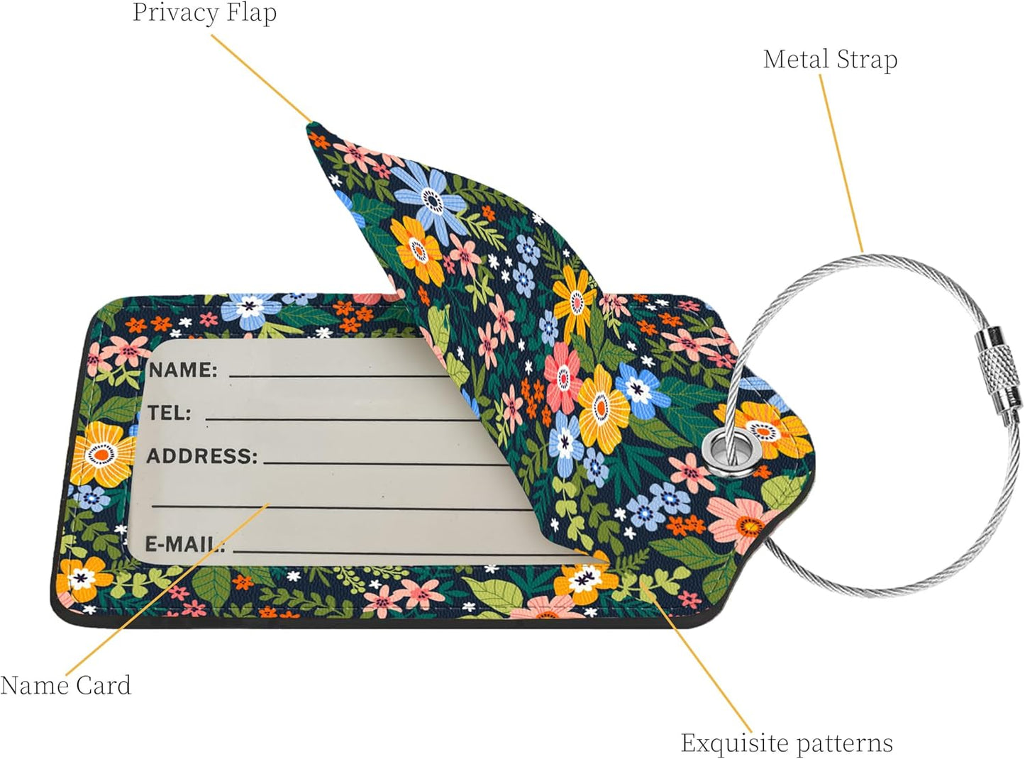 2 Pcs Luggage Tags for Suitcase, Cute Unique PU Leather Travel Bag Tag with Privacy Cover ID Label Address Card and Durable Metal Ring Suitable for Men Women Children Backpack,Flower