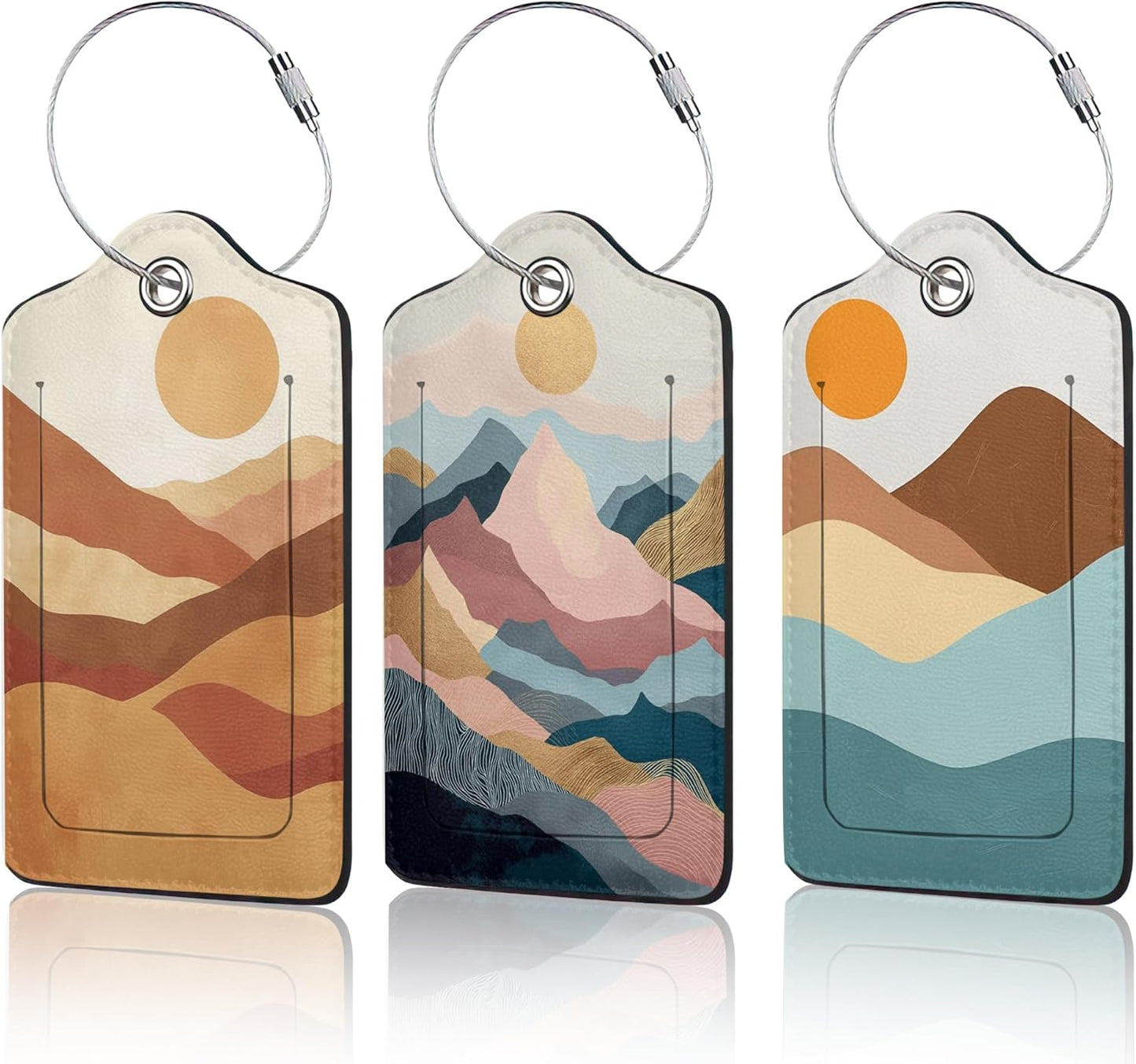 3 Pack Abstract Landscape Luggage Tags for Suitcases, Boho Sun Mountains Cute Leather Name Tag with Privacy Cover with Stainless Steel Loops, Travel ID Bag Tags for Women Men