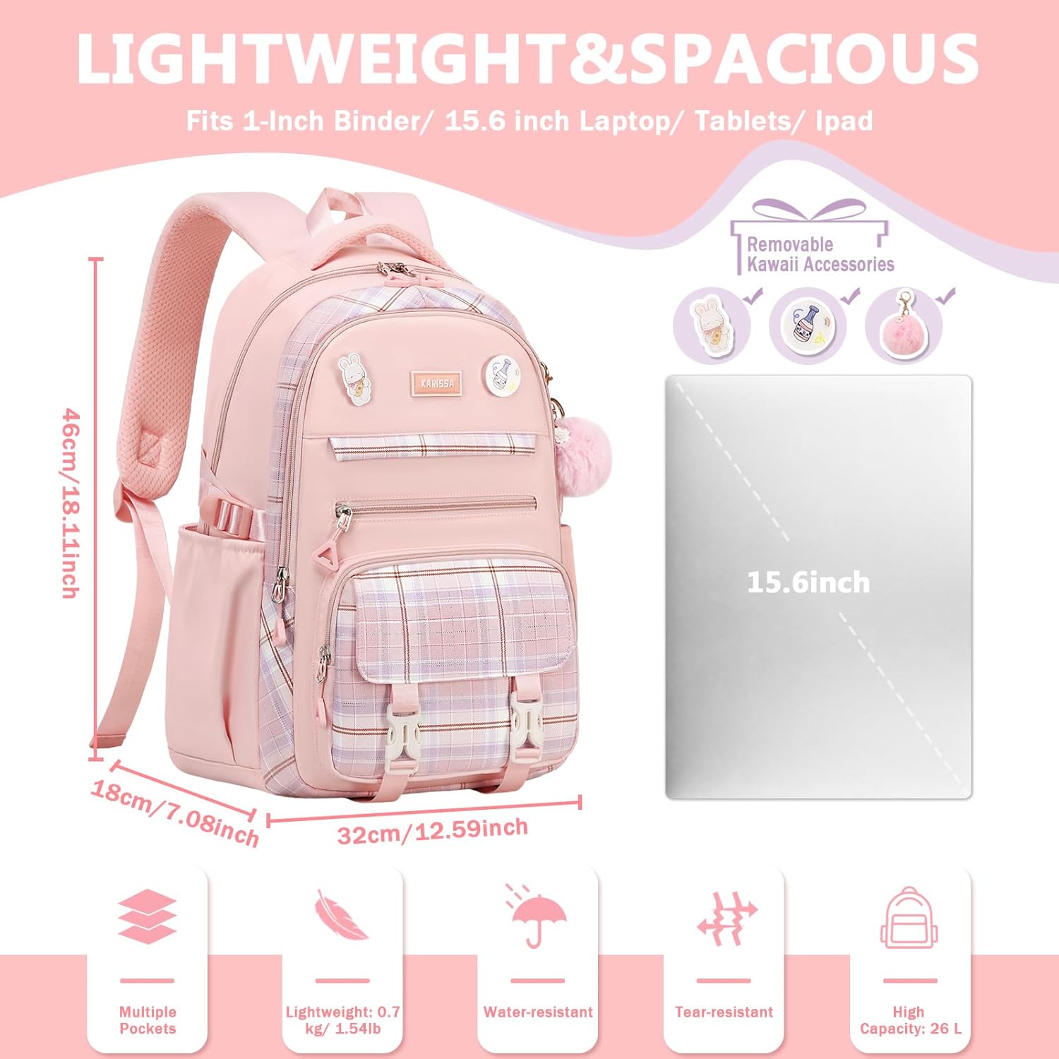 Girls Backpack for School, Kawaii Bookbag for Teen Multiple Pockets School Bag for Primary