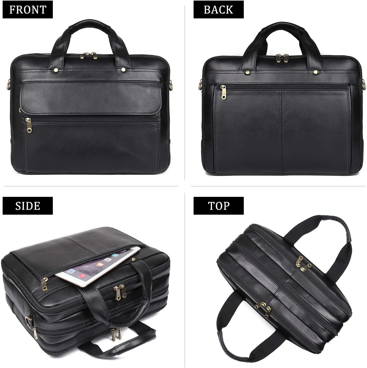 Augus Leather Briefcase for Men Business Travel Messenger Bags 15.6 Inch Laptop Bag, Black