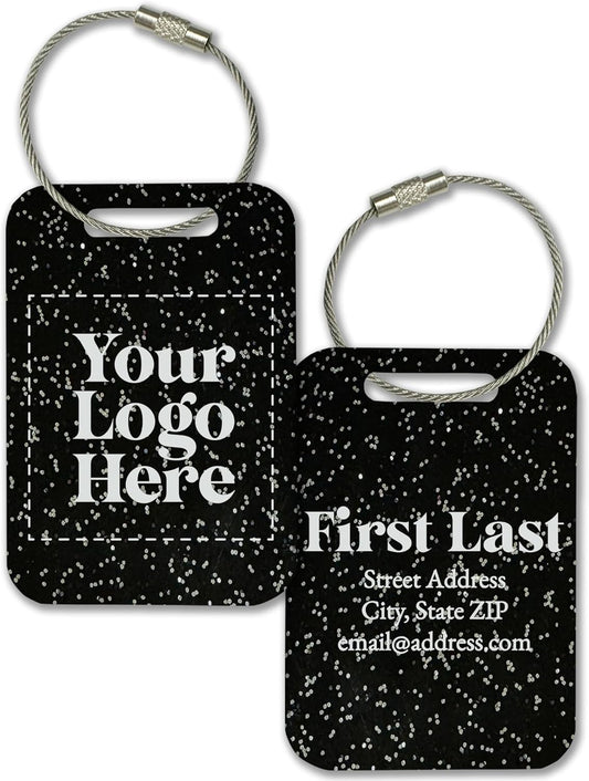 Personalized Logo Name Tag for Luggage (3 or 6 Count Pack) | Custom Tag for Suitcase | Acrylic Name Tag for Travel | Choose Your Font & Color | Backpack ID Label (Logo, Black Glitter)