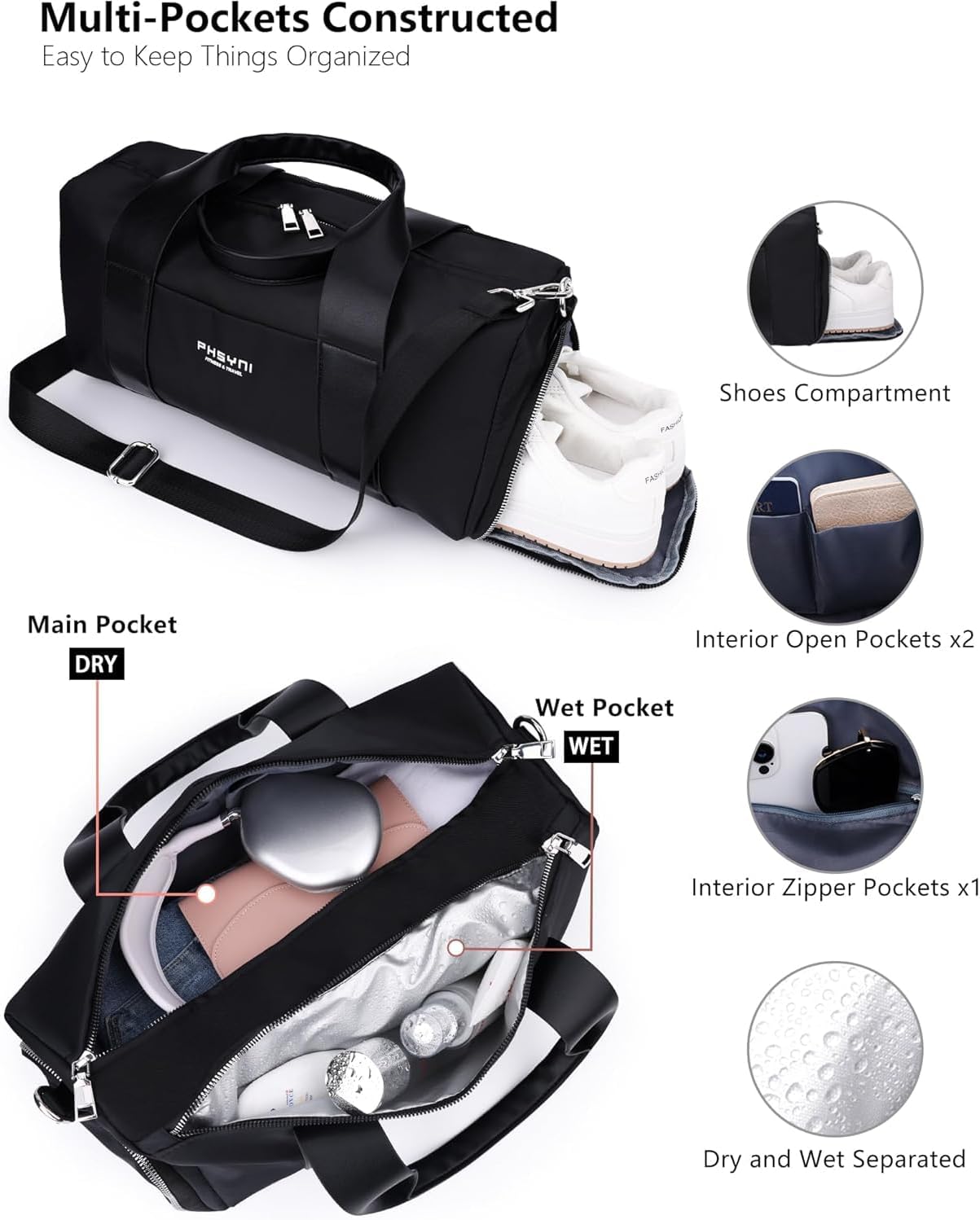 Compact Sports Gym Bag for Women & Girls and Kids, Cute Mini Duffle Bag with Wet Pocket & Shoes