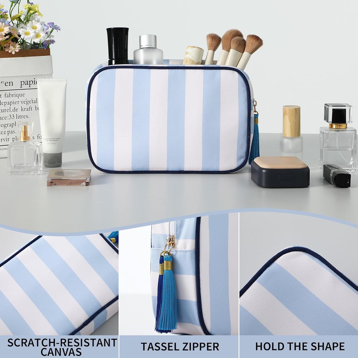 Stripe Makeup Bag Travel Cosmetic Bag Organizer Tassel Toiletry Bag Large Canvas Zipper Pouch and Accessories Storage Bag for Women