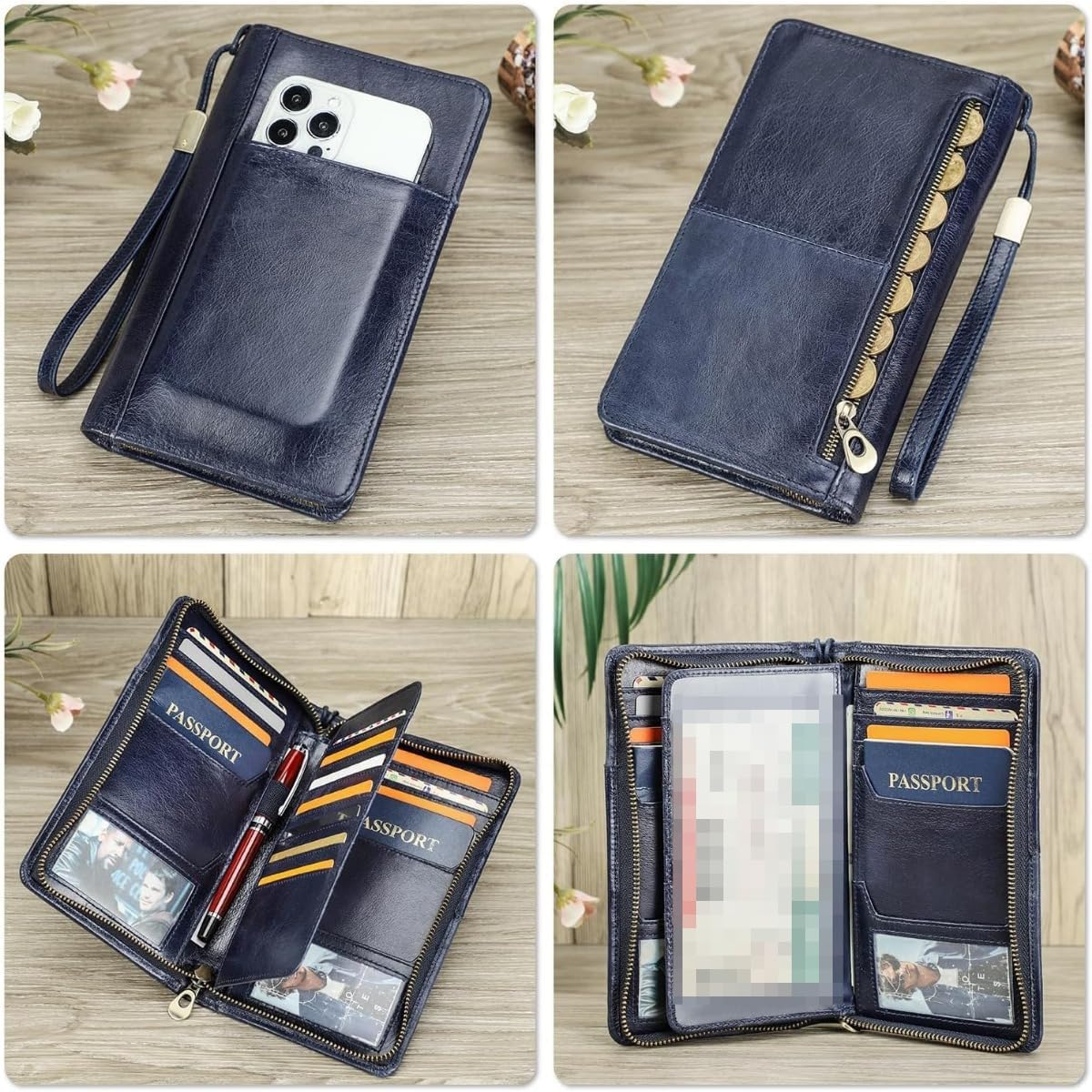 Unisex Genuine Leather Wallet Large Capacity RFID Blocking Passport Holder with Multiple Card Slots (Blue)