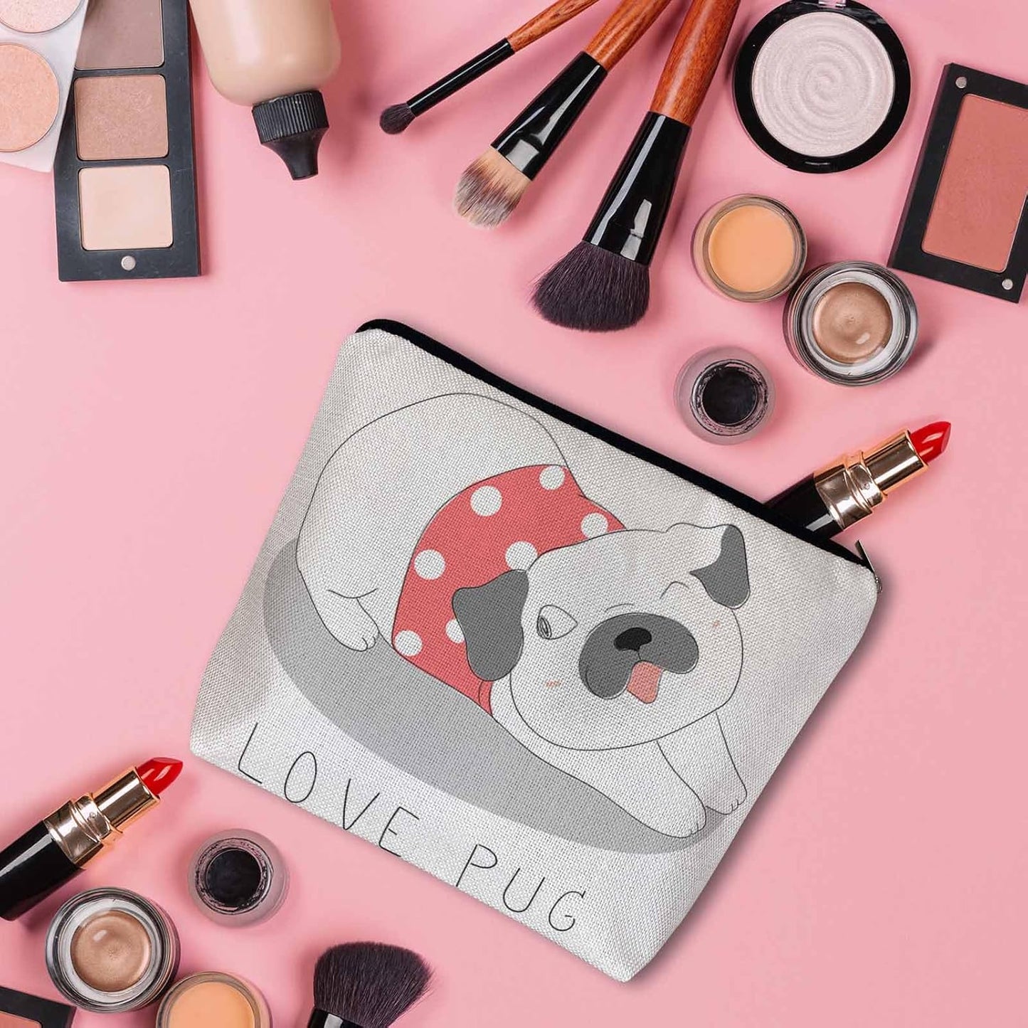 Makeup Bag For Purse Dog, Cute Pug Dog Love Pug Cosmetic Bags For Women With Zipper Travel Toiletry Pouch Makeup Bags Makeup Organizers Purse For Toiletries Cosmetics