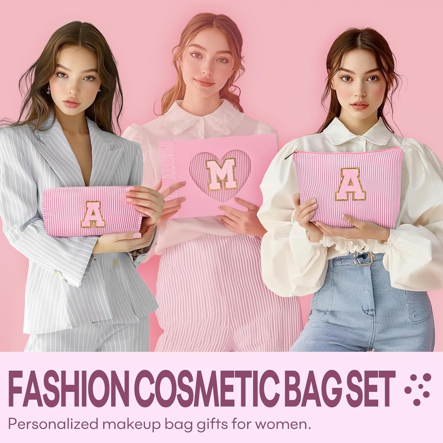 mibasies 2 PCS Initial Makeup Bags for Women: - Birthday Gifts for Teen Girls 11 12 13 14 15 16 Years Old - Preppy Trendy Stuff - Cosmetic Bag for Travel Toiletry - Pink S