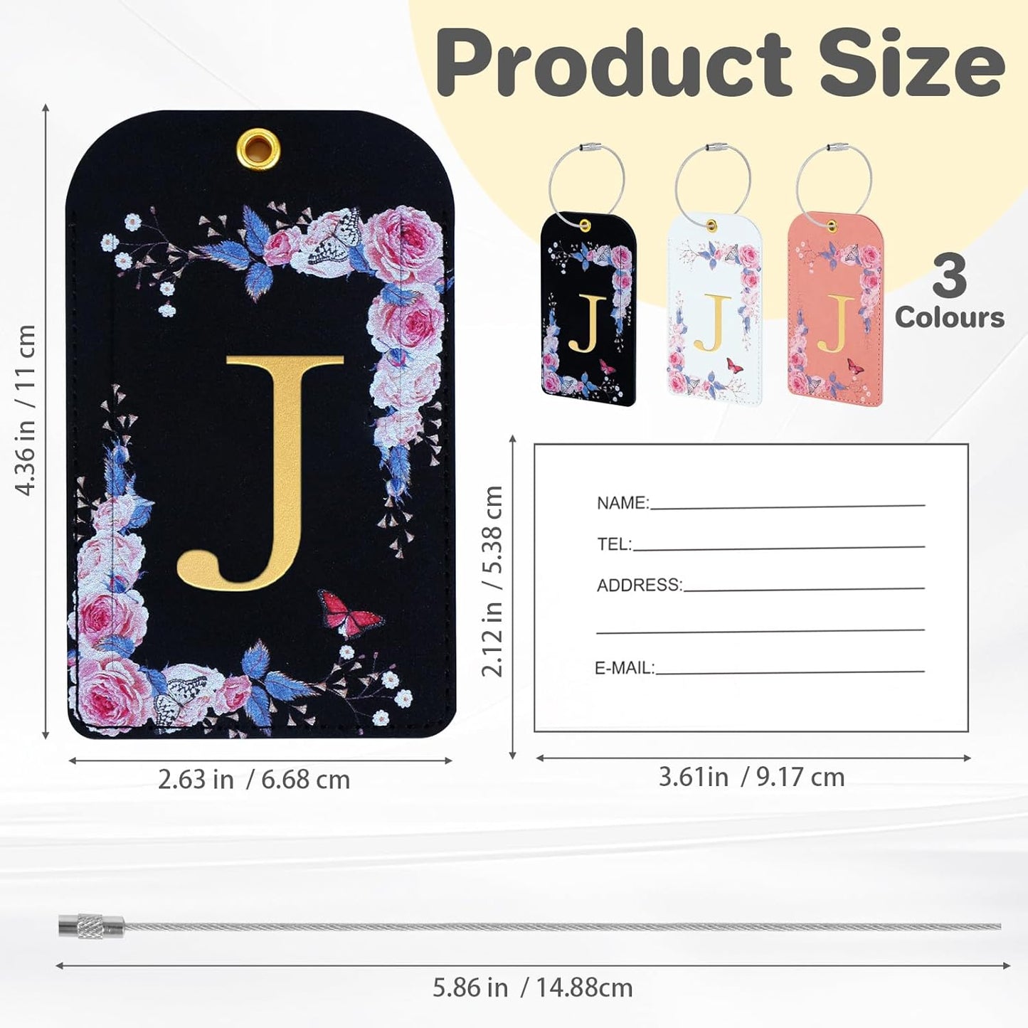 3 Pack Luxury Floral Luggage Tags, Durable PU Leather Suitcase Tags with Stainless Steel Cable Strap, Hidden ID Slot for Privacy Protection, Easy to Identify Waterproof Travel Accessories Gift (J)