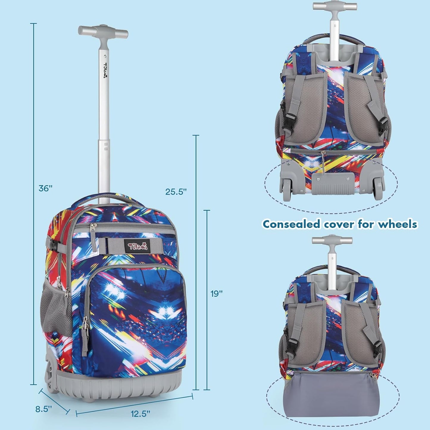 Tilami Rolling Backpack & Lunch bag for Kids 19 Inch Wheeled Bookbag for Boys & Girls for School & Travel,Lighting Blue